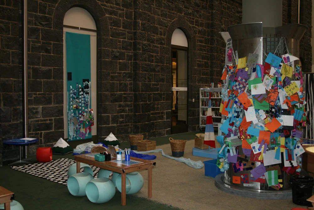 Prawns filling the net, 'A River' in Play Pod for State Library Victoria.