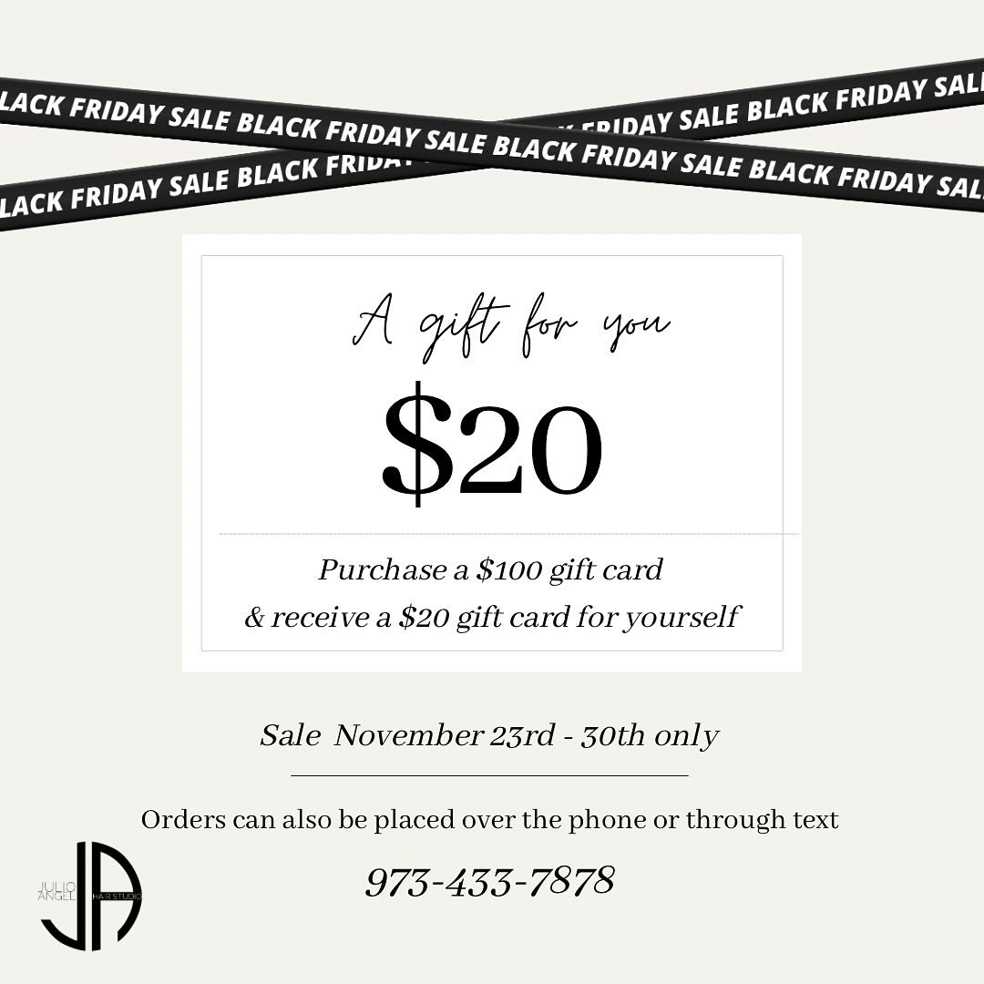 Another Black Friday special!
Buy a $100 gift card for someone and receive a $20 gift card for yourself 🖤 
.
.
.
#blackfriday #hairsalon #veronanj #giftcard #hairstylist #blackfridaysale