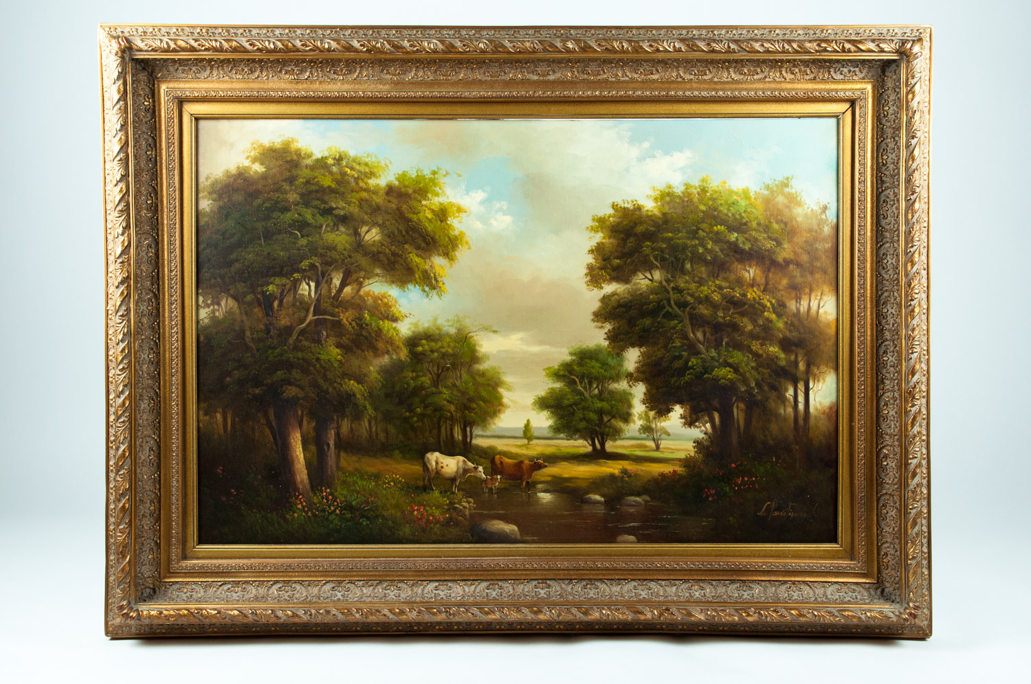 Pastoral Landscape Oil Painting With Vintage Gilded Wood Pastoral Landscape Oil Painting With Vintage Gilded Wood