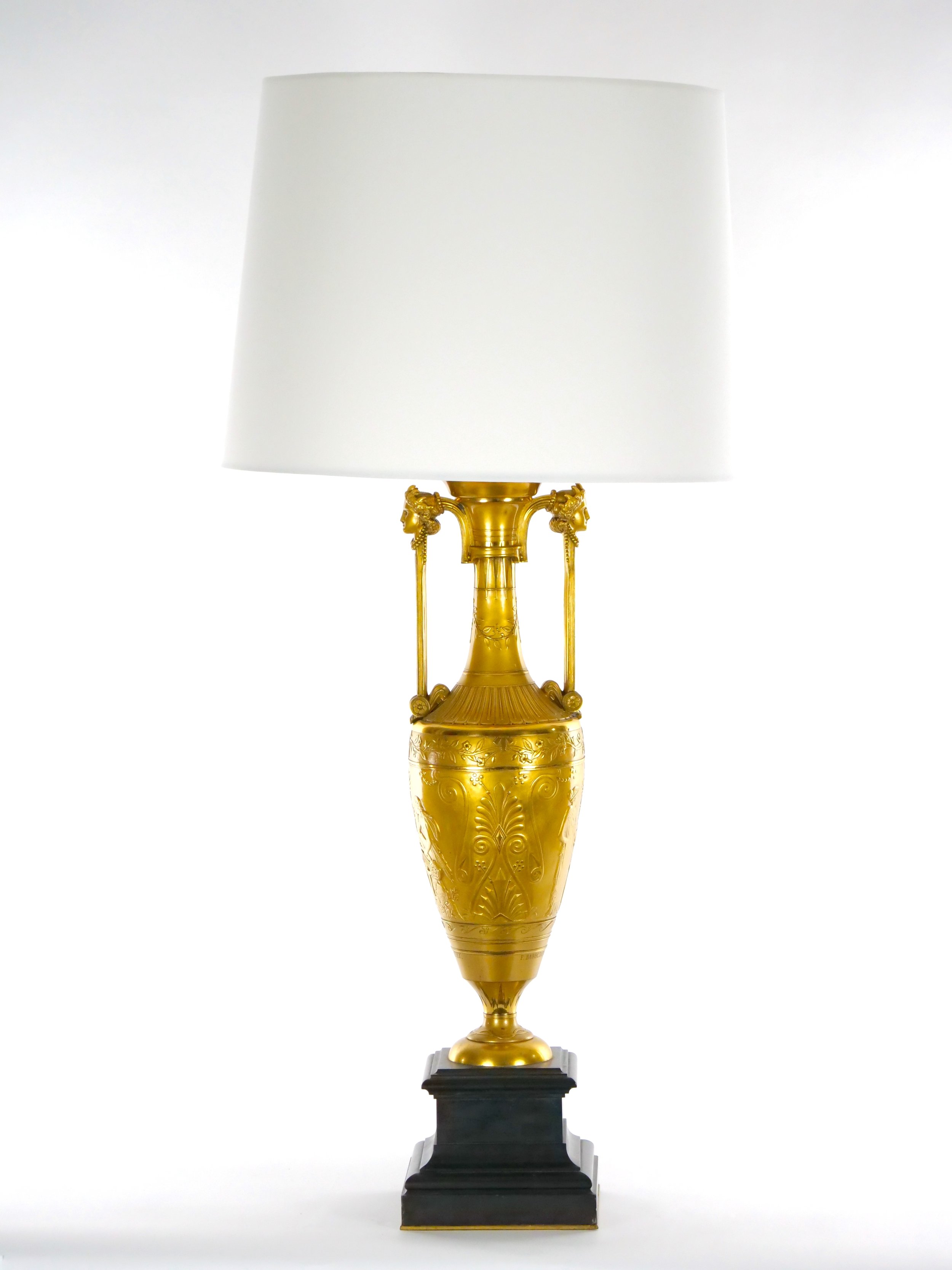Black Marble / Gilt Bronze Single Library Table Lamp By