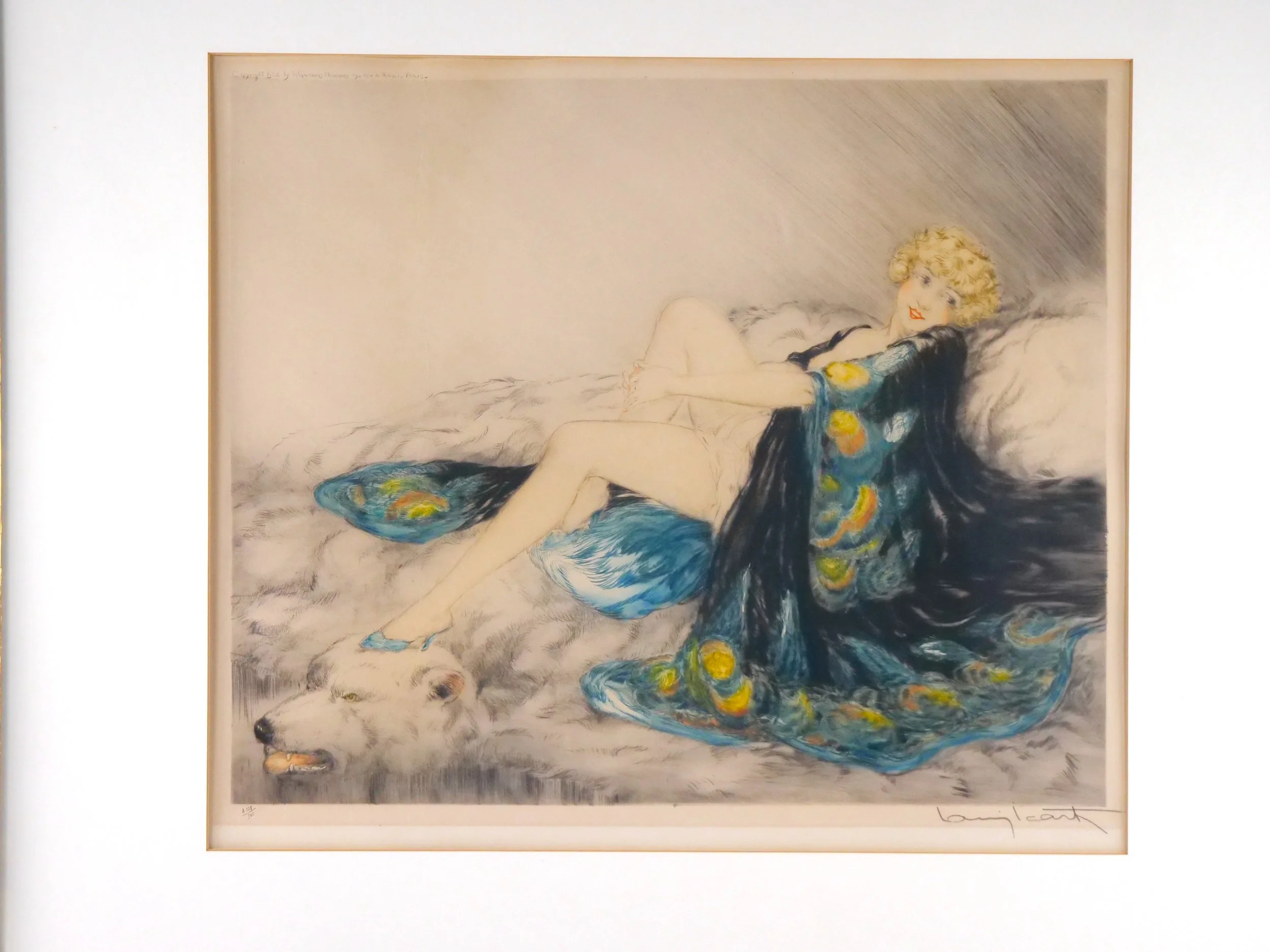 Louis Icart Framed Etching of Female Beauty in Peacock Lingerie on