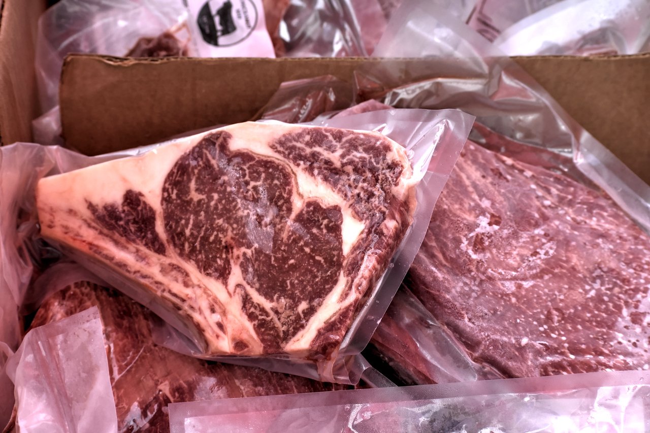 Vacuum-sealed marbled ribeye steaks from Chuckanut Beef