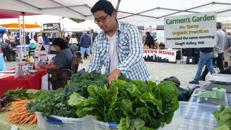 Joseph fluffs his produce to keep it fresh and happy.