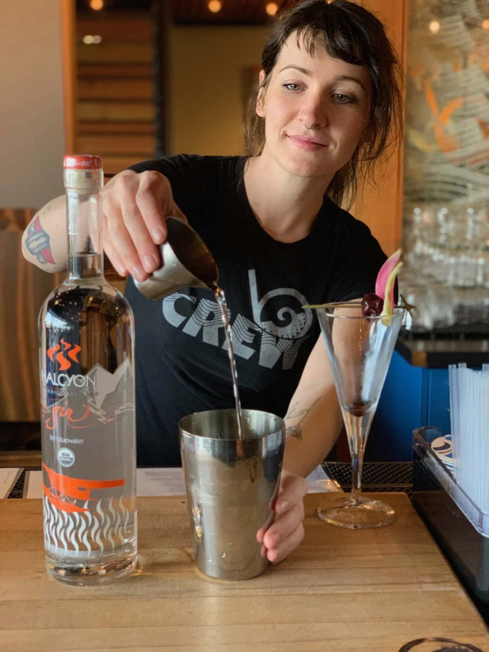 Cocktail director Maggie Burton mixing it up at Bluewater // Photo courtesy Bluewater Distilling