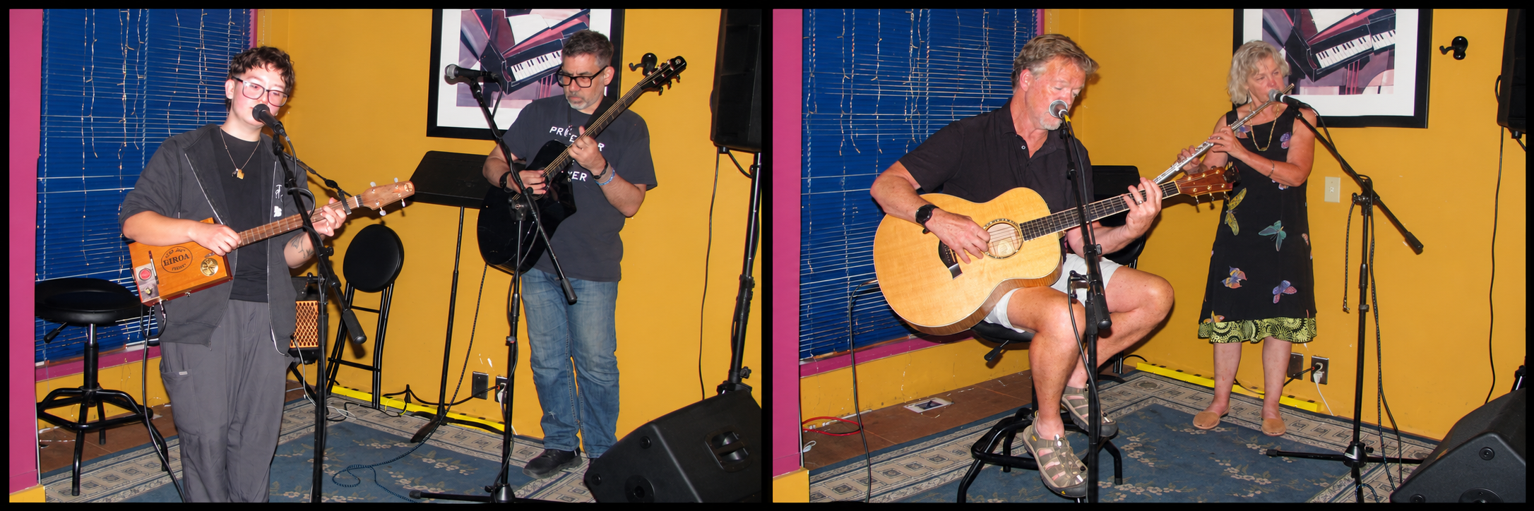 Two duos at an Everett open mic: a cigar-box guitar and bass pairing, and an acoustic guitarist with a flute player