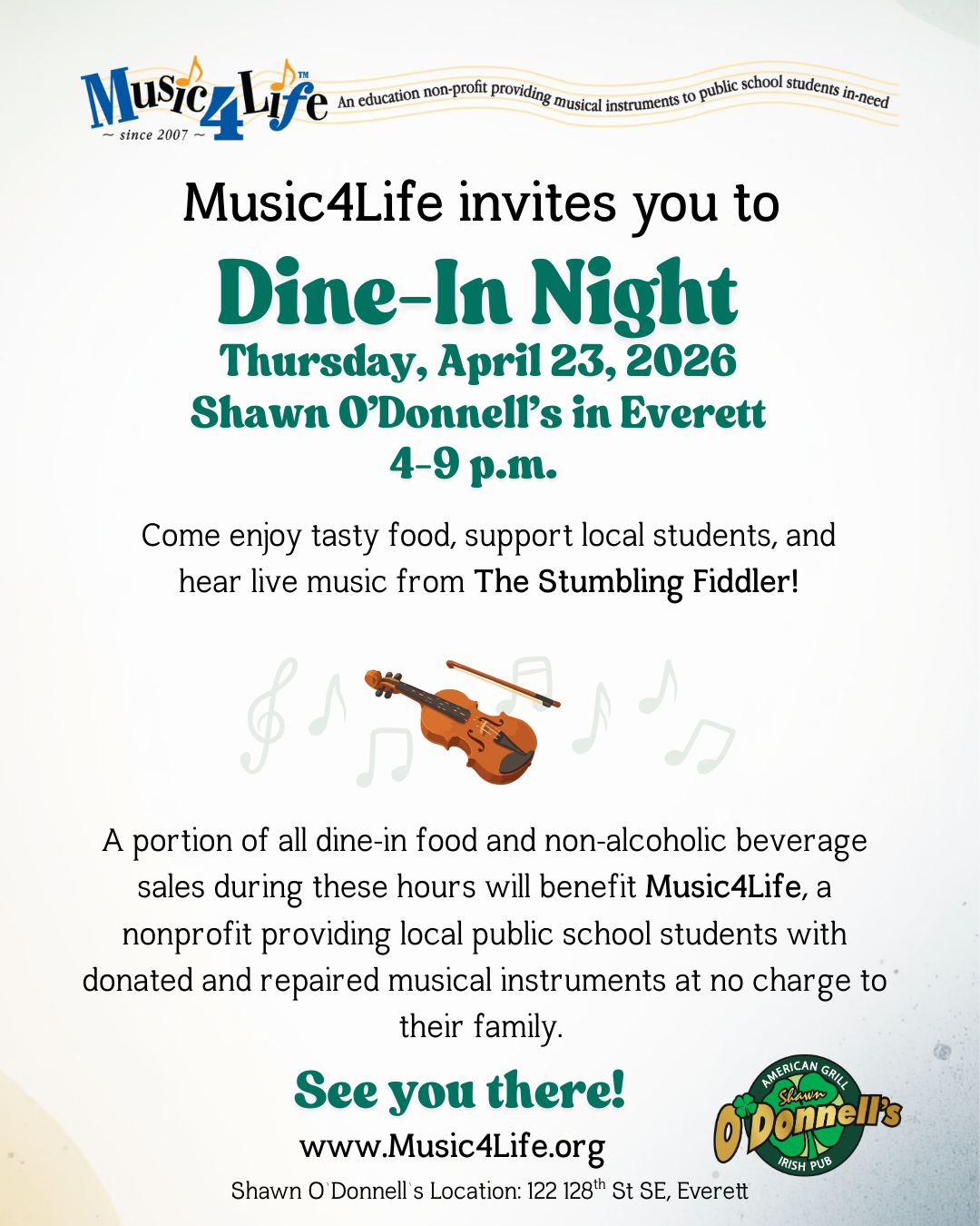 Music4Life Dine-In Fundraiser at Shawn O’Donnell’s