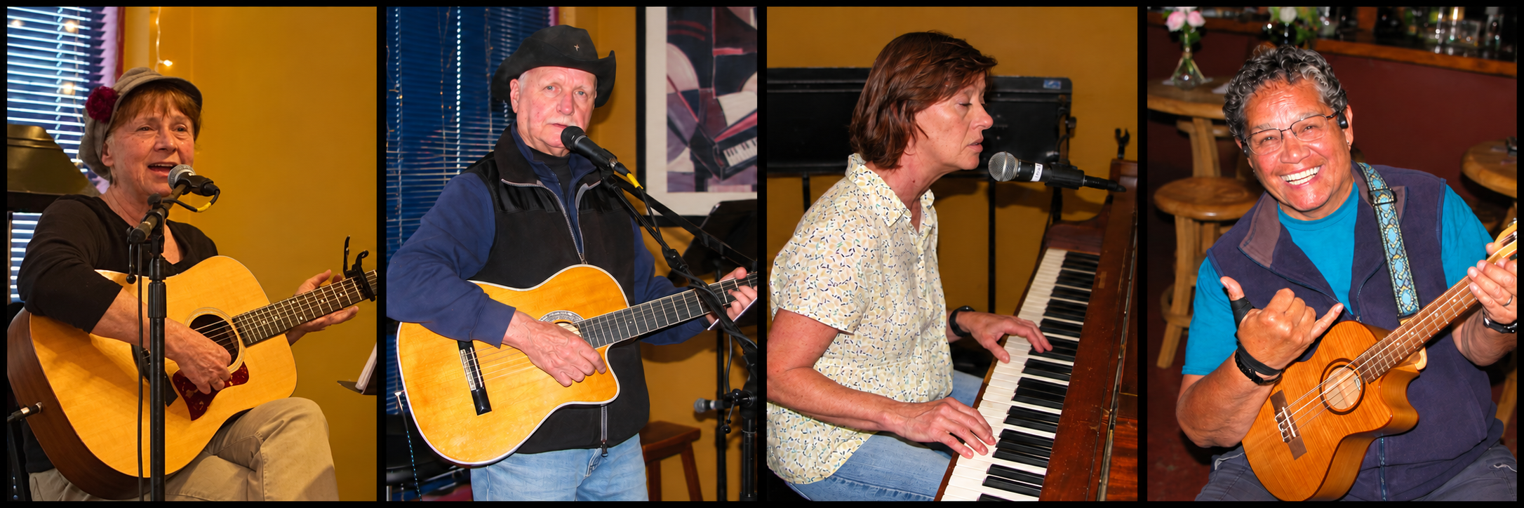 Four open mic performers in Everett: two acoustic guitarists, a pianist and a ukulele player singing at the microphone