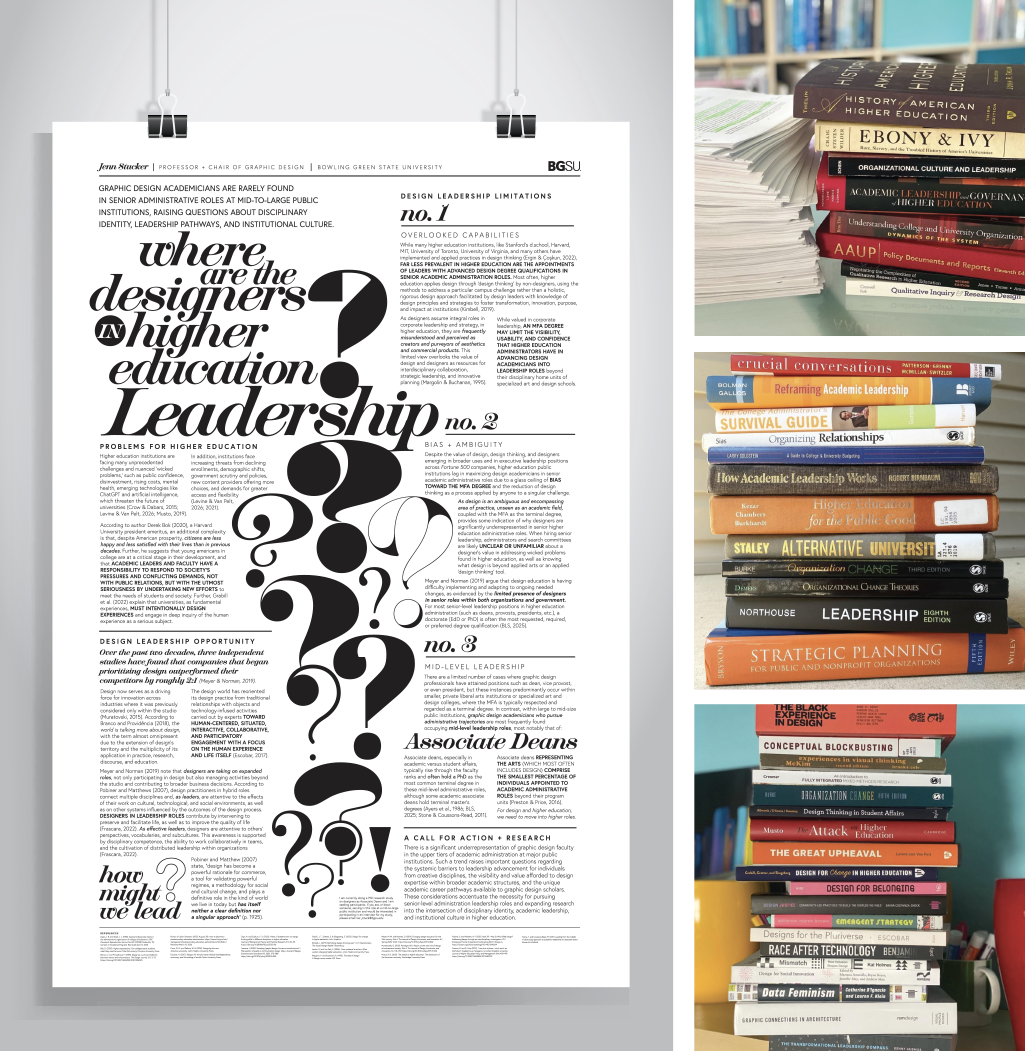  Where are the designers in higher education leadership? poster for AIGA DEC Throughlines Conference // 2026 And readings from PhD studies // 2020–present 