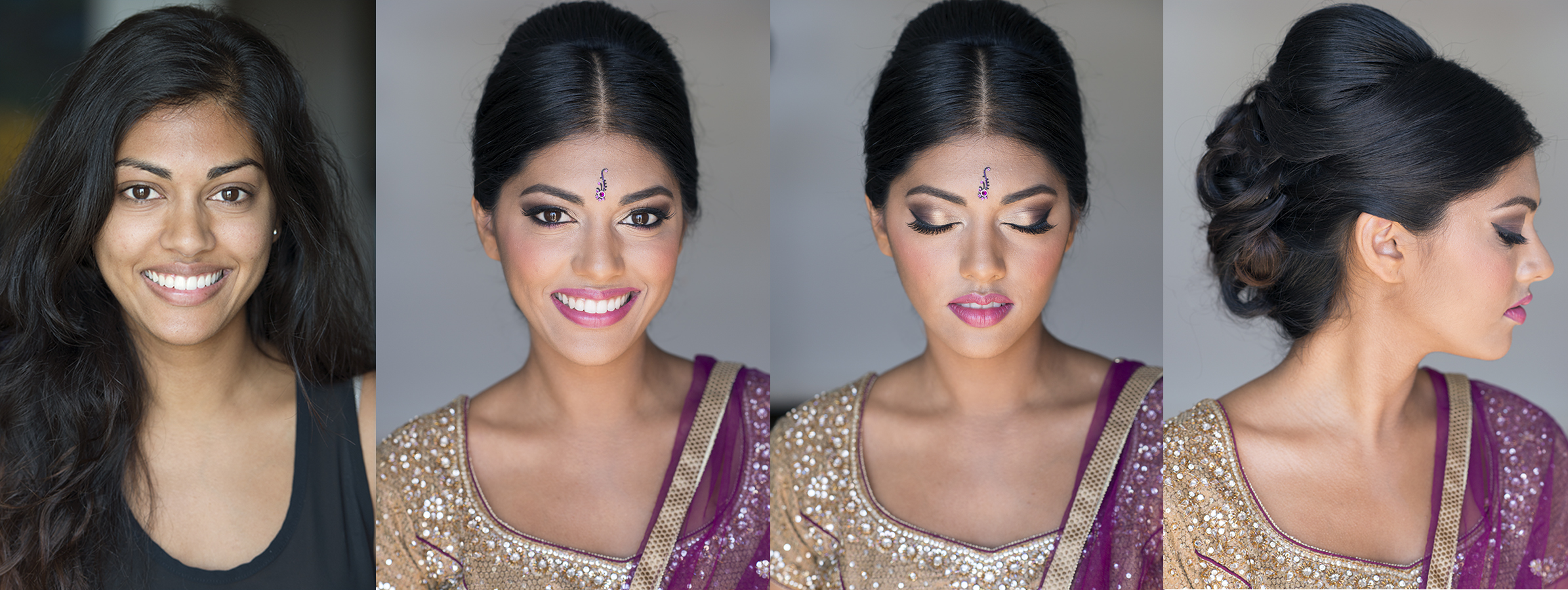 Before and after indian natural headshot makeup and hair by Agne Beauty Affair event celebration bridal pink gold smokey eyes.jpg