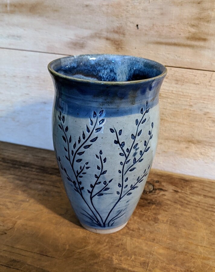 Handless Mug with Carved Leafy Stems