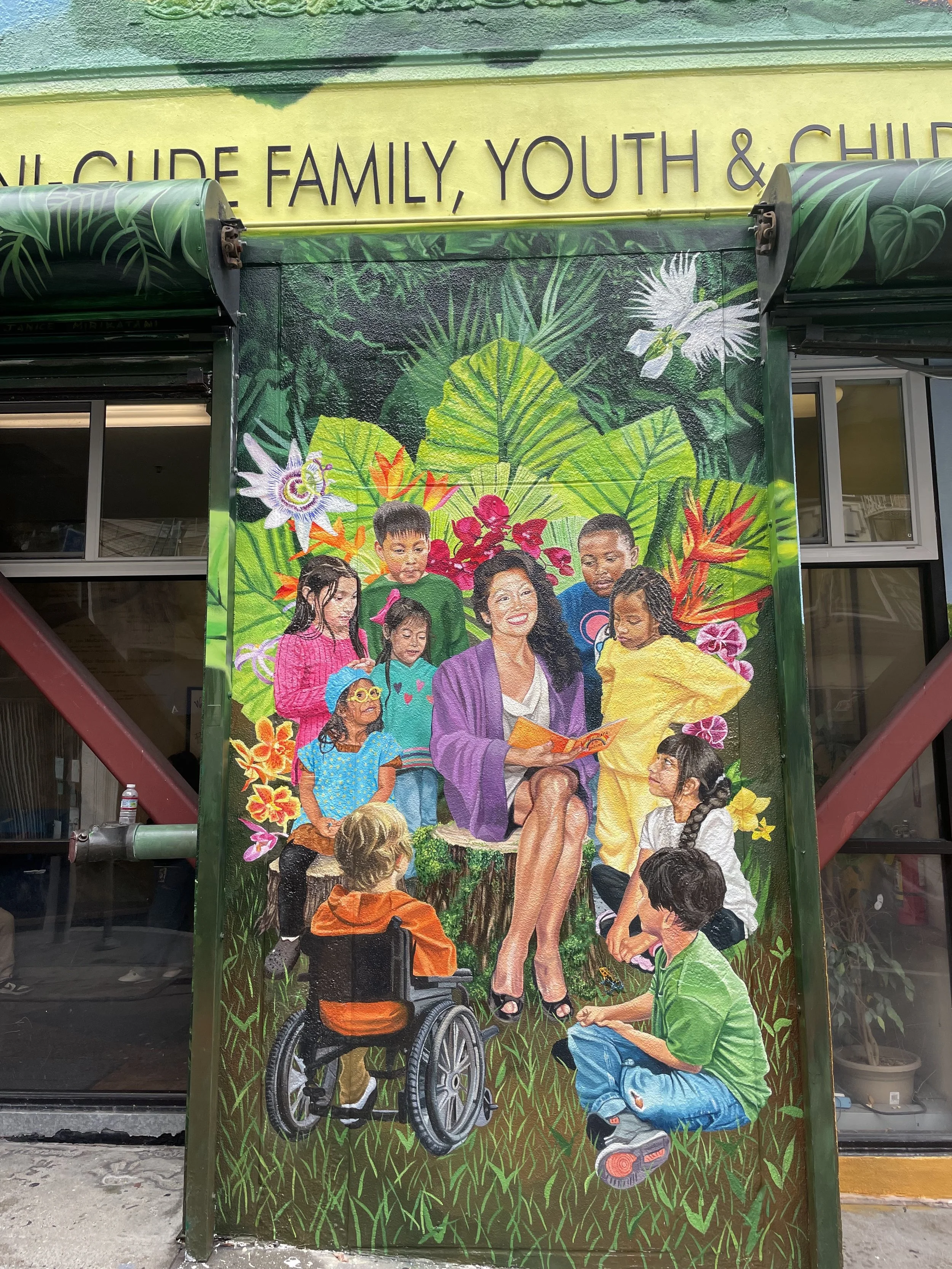   OUR PLACE- BUILDING LOVE AND HOPE   2024  ©2024 Precita Eyes Muralists  Directed by Precita Eyes Muralists, designed and painted by Elaine Chu, Marina Perez-Wong and assisted by Pablo Ruiz Arroyo and Ernesto Paul. In collaboration with the Glide an