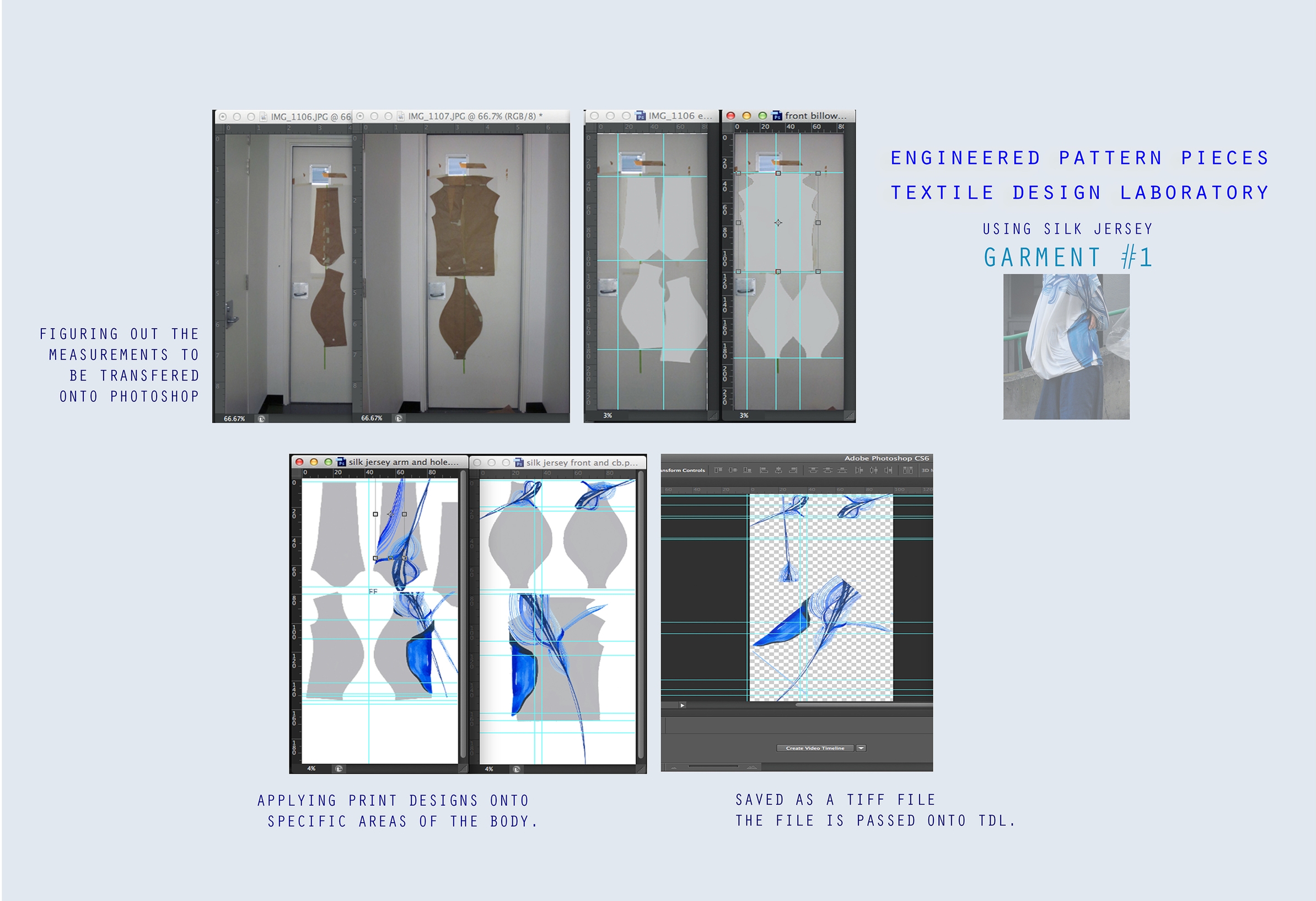 Engineered pattern pieces to produce a textile designed collection with fabrics silk jersey, cotton and linen. Worked very close with the Textile and Design Laboratory - http://www.tdl.aut.ac.nz
