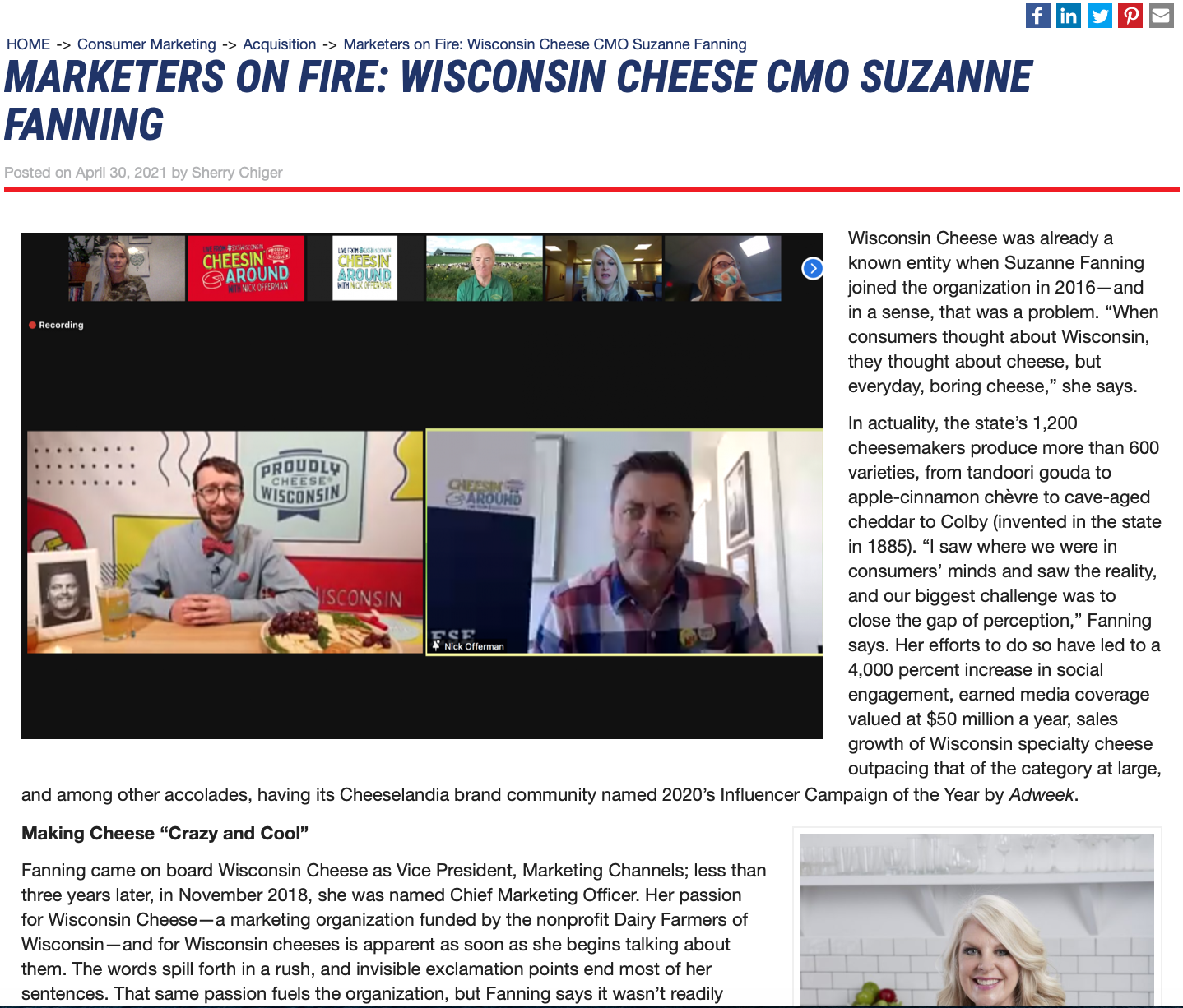 "Marketers on Fire: Wisconsin Cheese CMO Suzanne Fanning" (Chief Marketer)