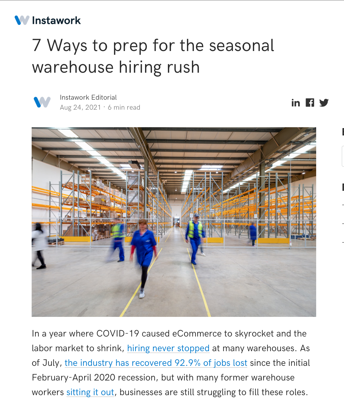 "7 Ways to Prep for the Seasonal Warehouse Hiring Rush" (Instawork)