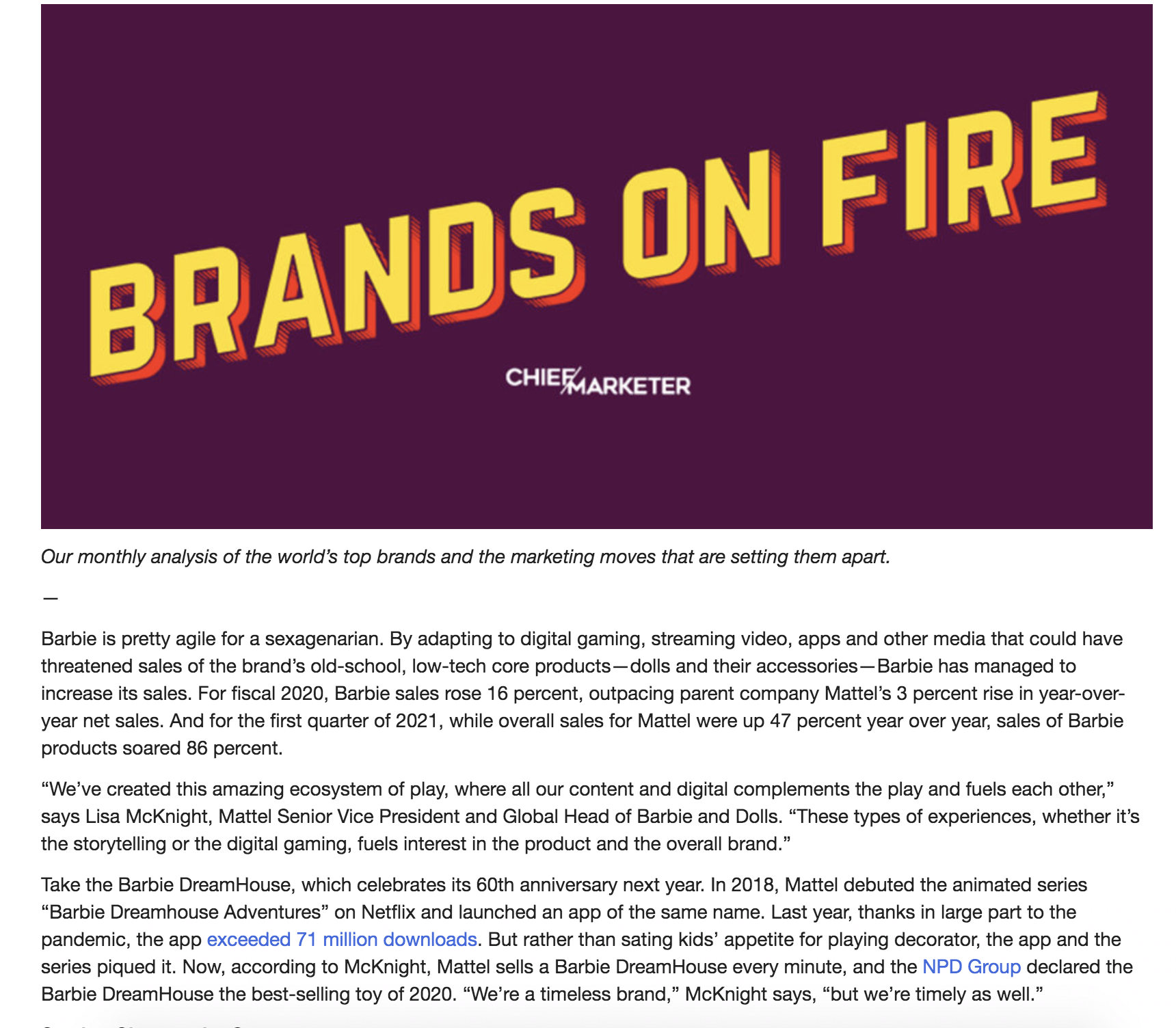 "Brands on Fire: Barbie" (Chief Marketer)