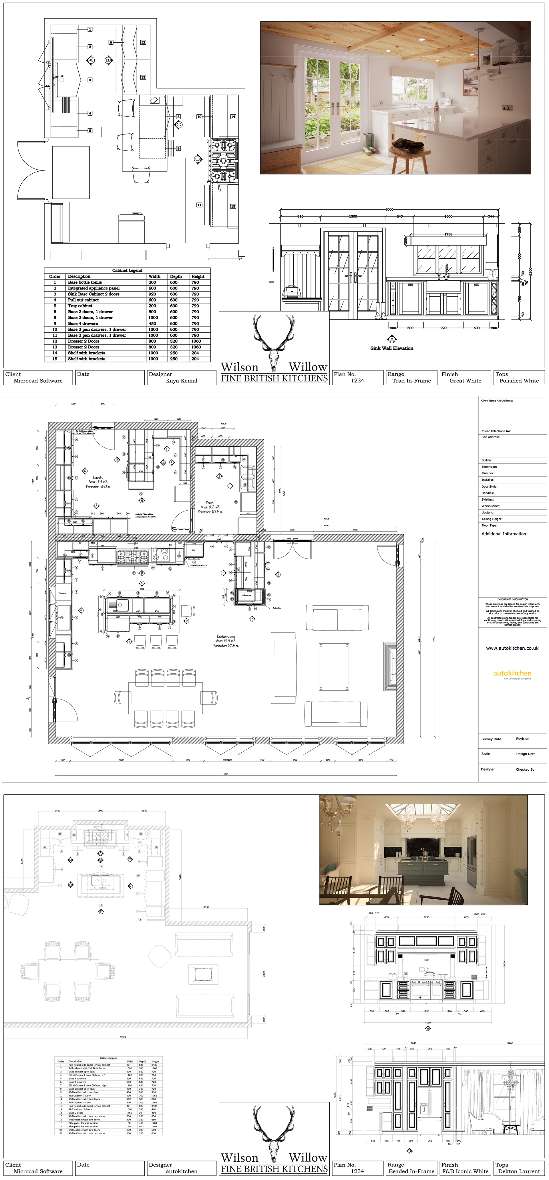 Blueprints and interior design plans for a British kitchen and living room, including detailed furniture layouts, elevations, and architectural drawings, with accompanying interior photographs of a bright, modern kitchen.