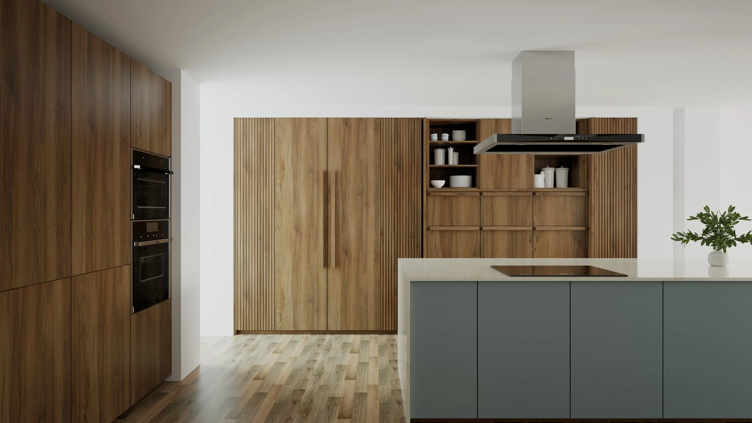 Modern kitchen with wooden cabinets, a white worktop, and a grey kitchen island. Open shelving with white dishes and a potted plant on the island.