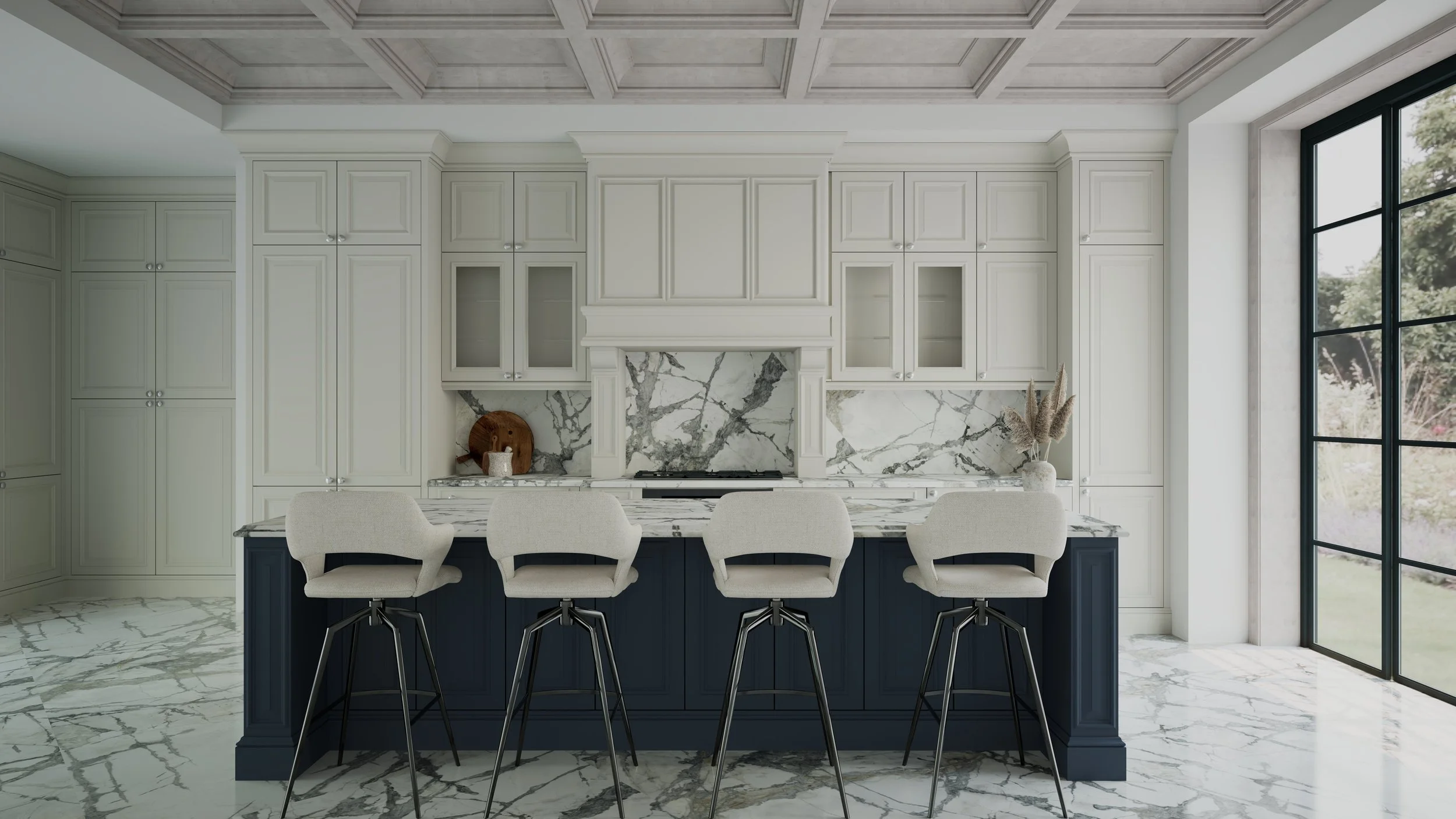 Classic kitchen with marble surfaces, navy island, and cream shaker cabinets.
