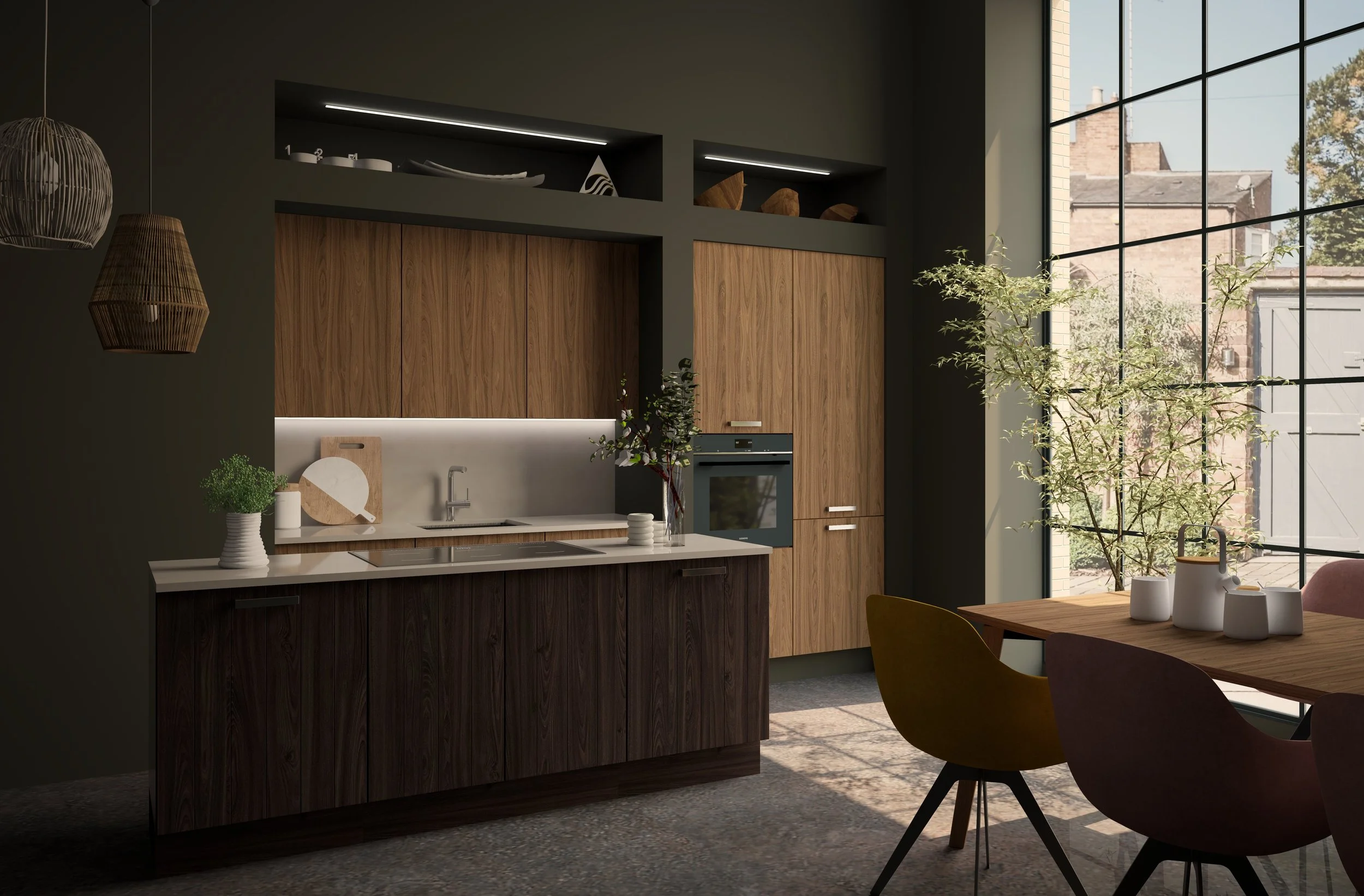 Modern kitchen with wood cabinets, island, and large industrial-style window.