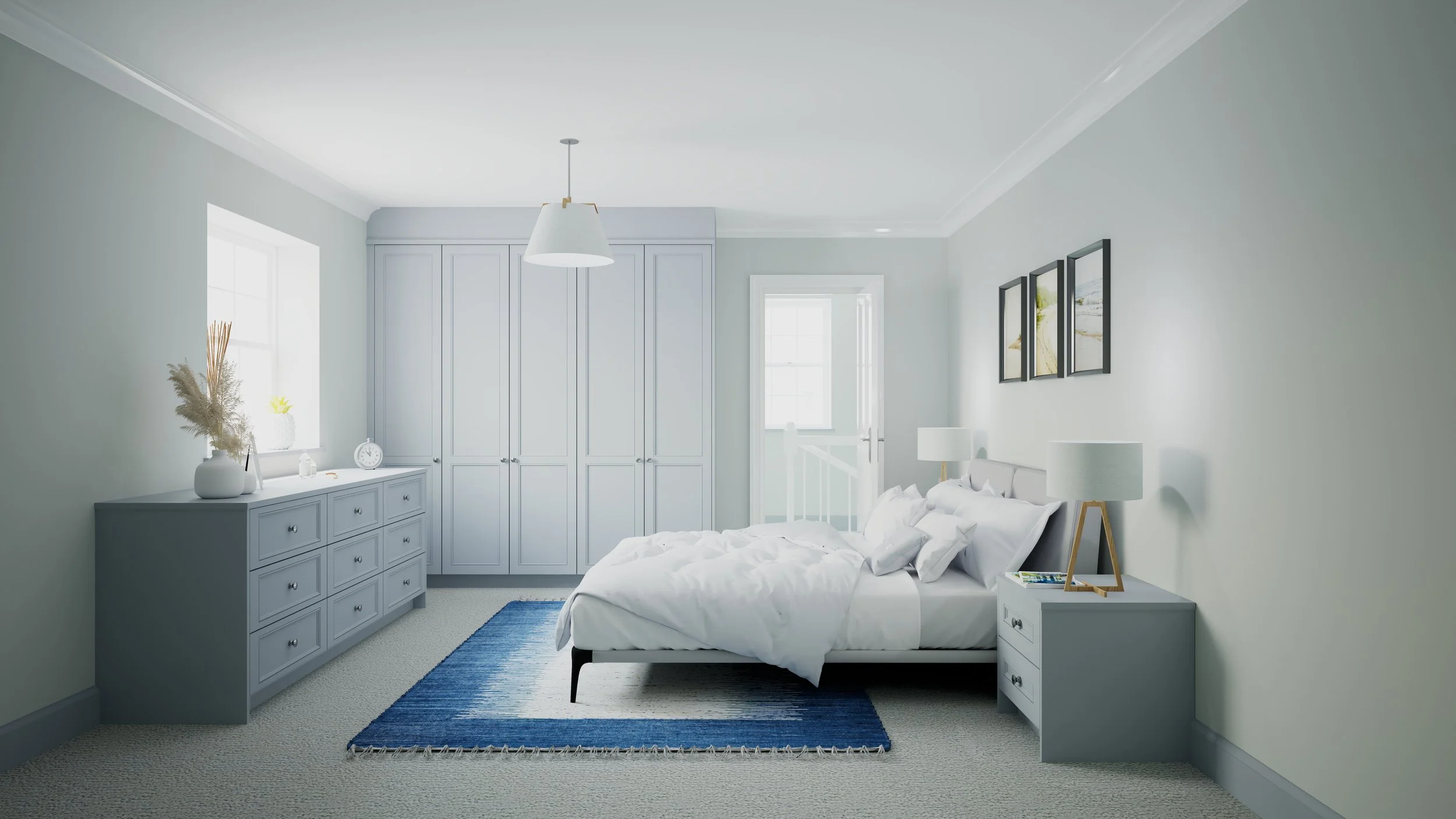 Light grey bedroom with fitted wardrobes, dresser, and modern double bed.