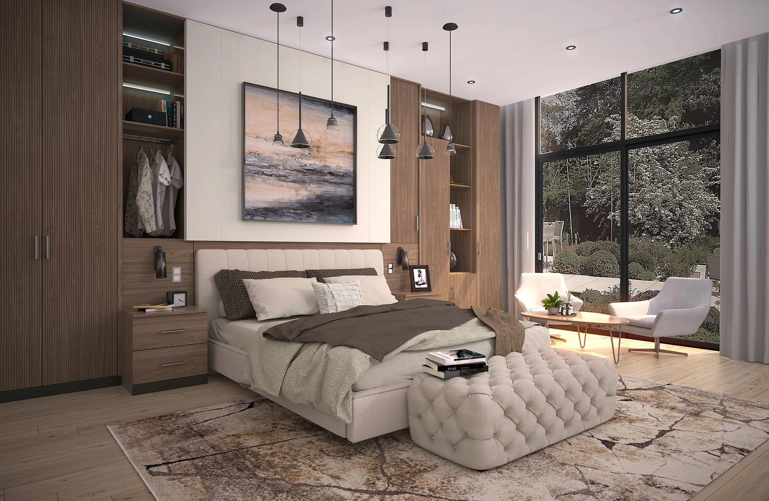 Modern bedroom with wood wardrobes, upholstered bed, and large window overlooking garden.