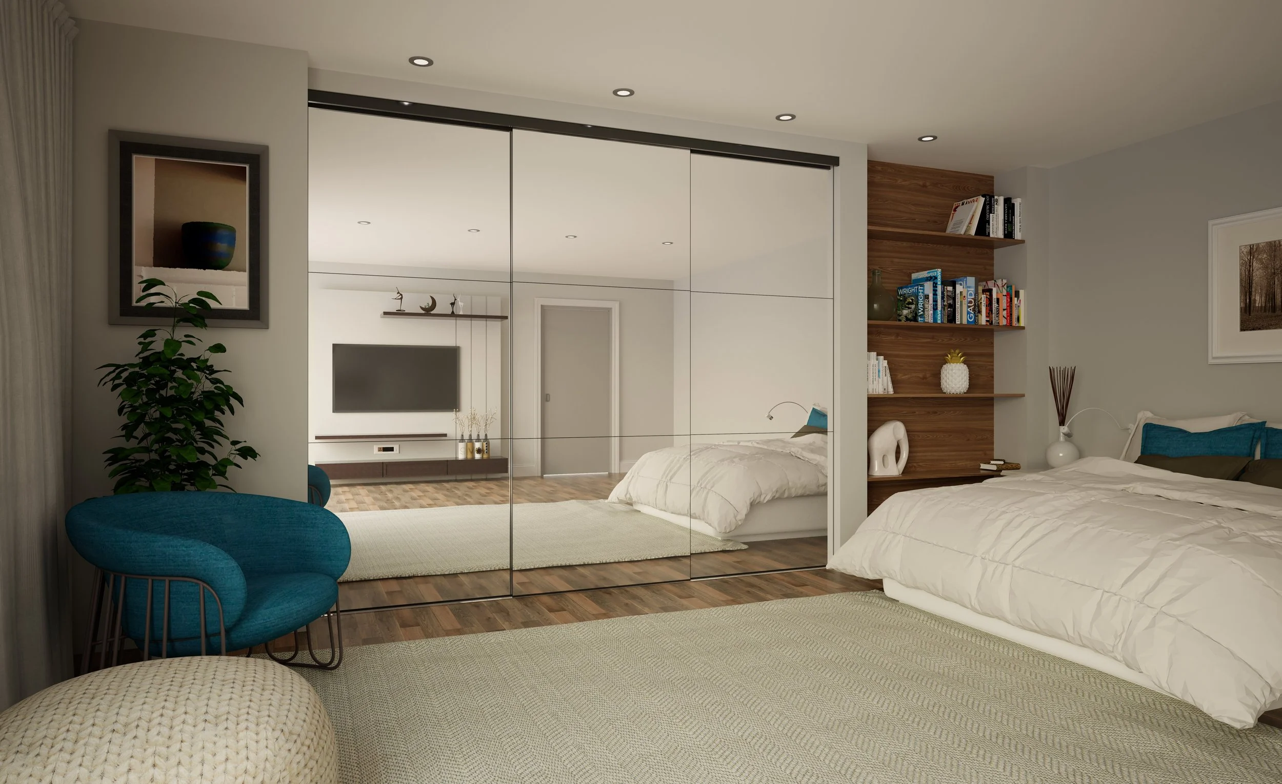 Modern bedroom with sliding mirrored wardrobes, built-in shelving, and neutral décor.