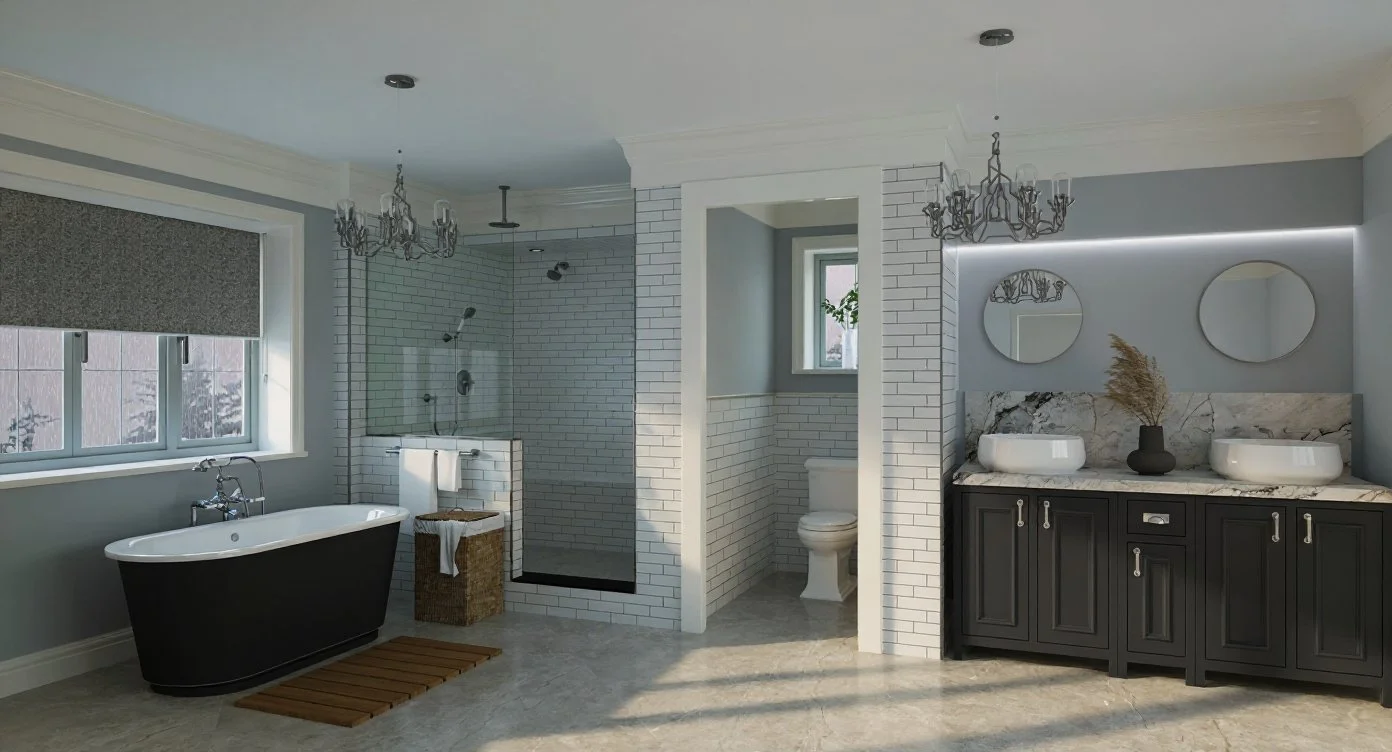 Spacious modern bathroom featuring a black freestanding tub, glass walk-in shower with white subway tiles, and a double-sink vanity with round mirrors