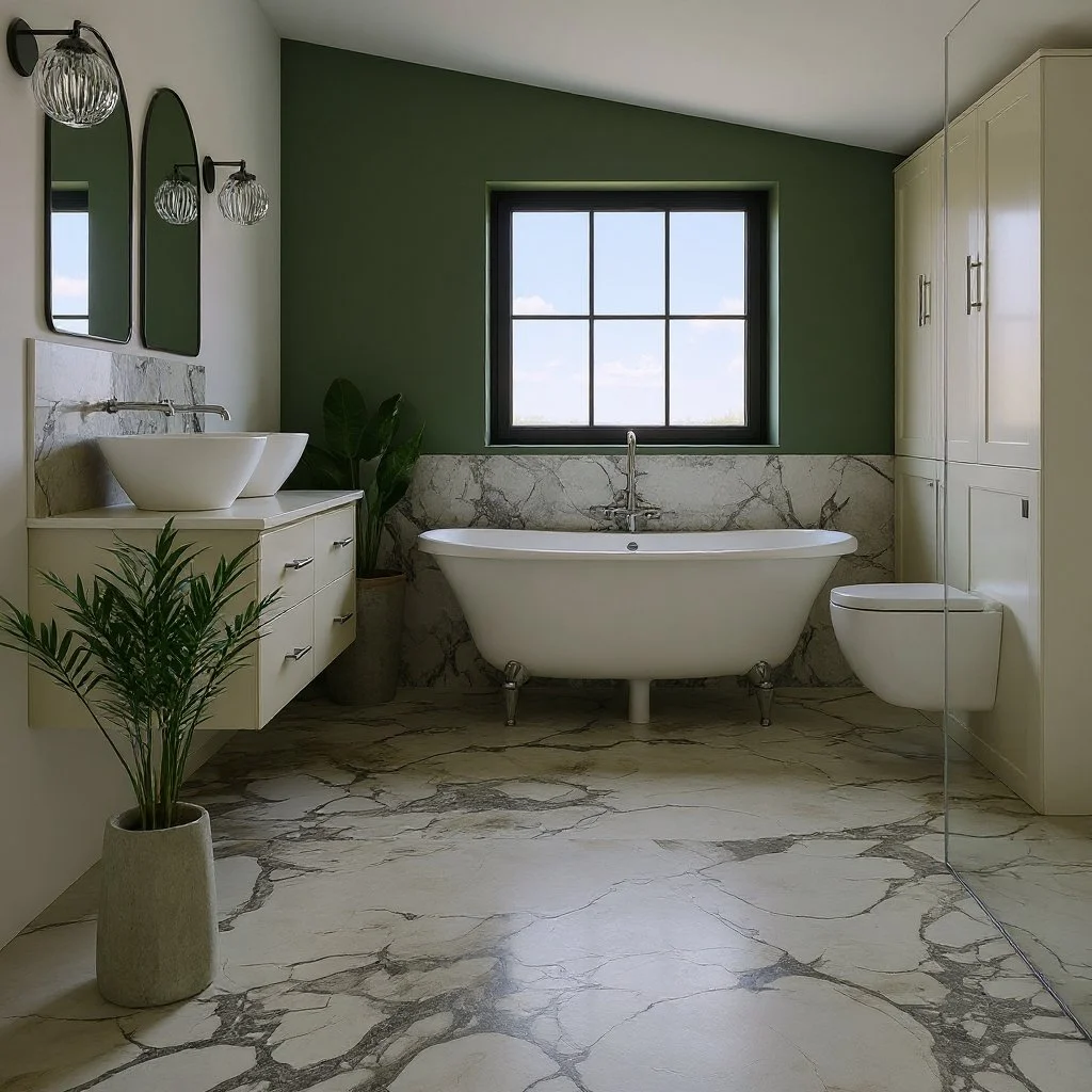 Bathroom created in Autokitchen 26 with white and black quartz floor and green, creme and white walls. The sink is a floating cabinet with two sinks and there are two large wall cabinets behind the sink, with the toilet attached to one of the cabinet