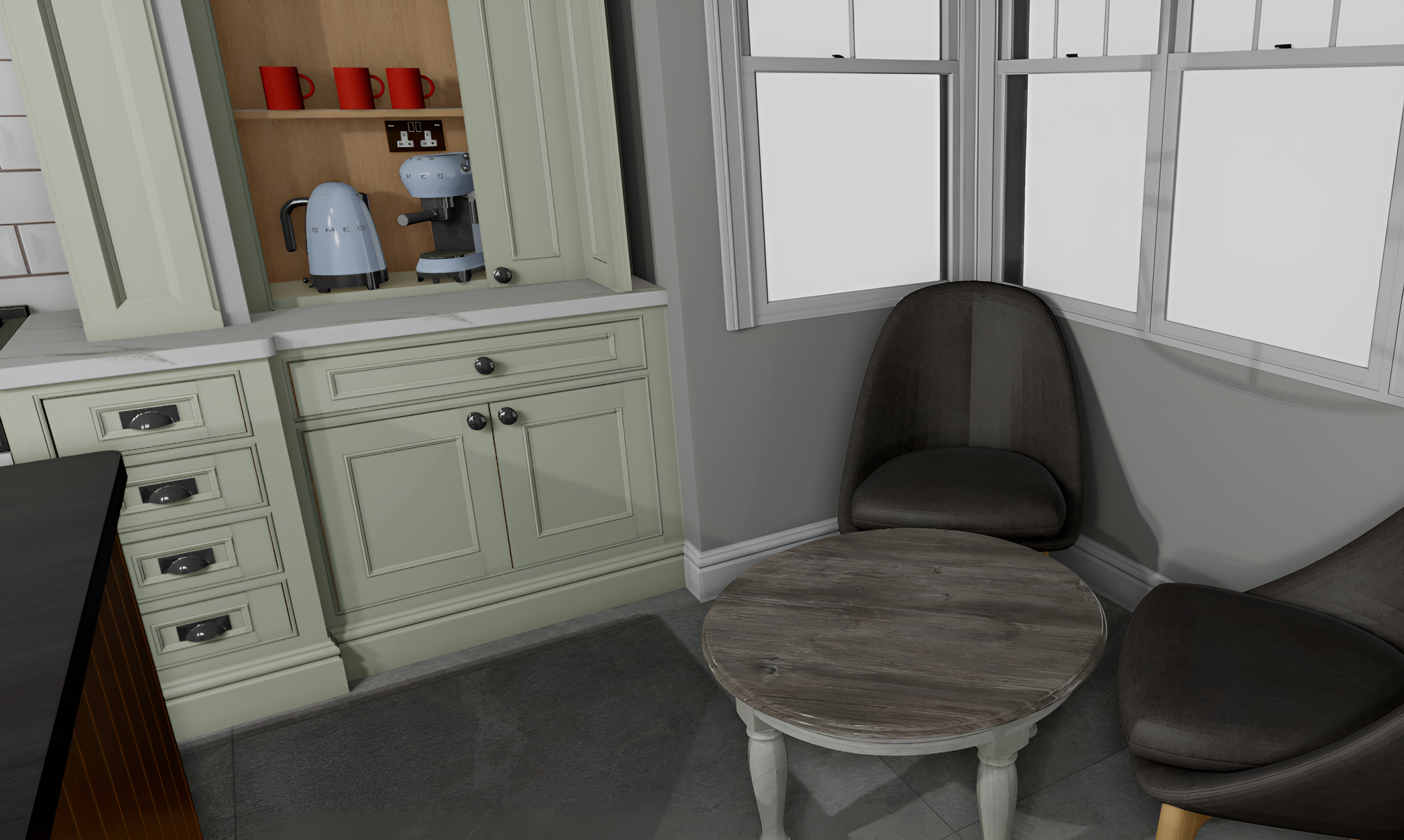 A corner of a room with kitchen cabinets, a coffee machine, and cups, next to a window with a chair and a small round table.