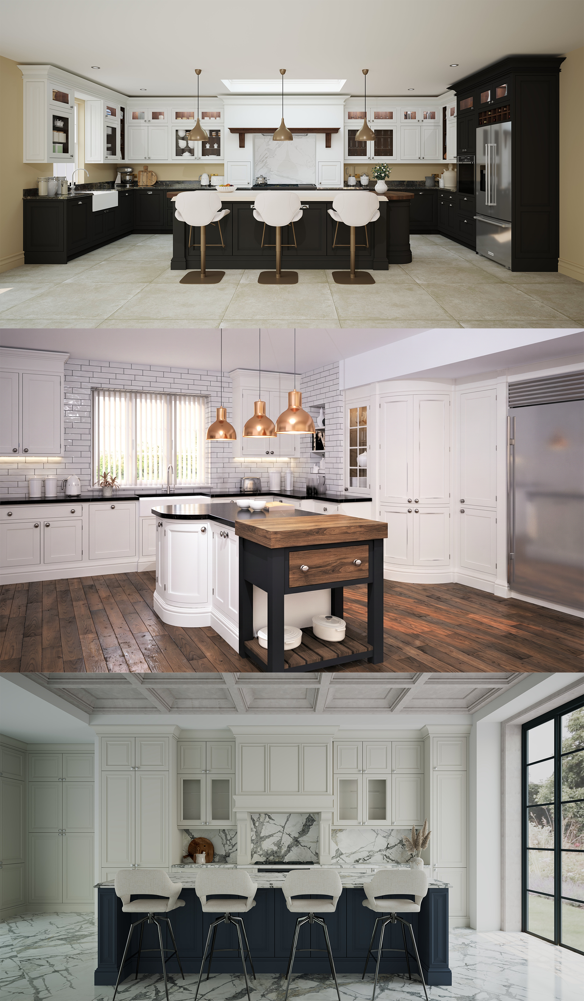 Three different modern kitchen designs, featuring distinct styles, color schemes, and decor elements.