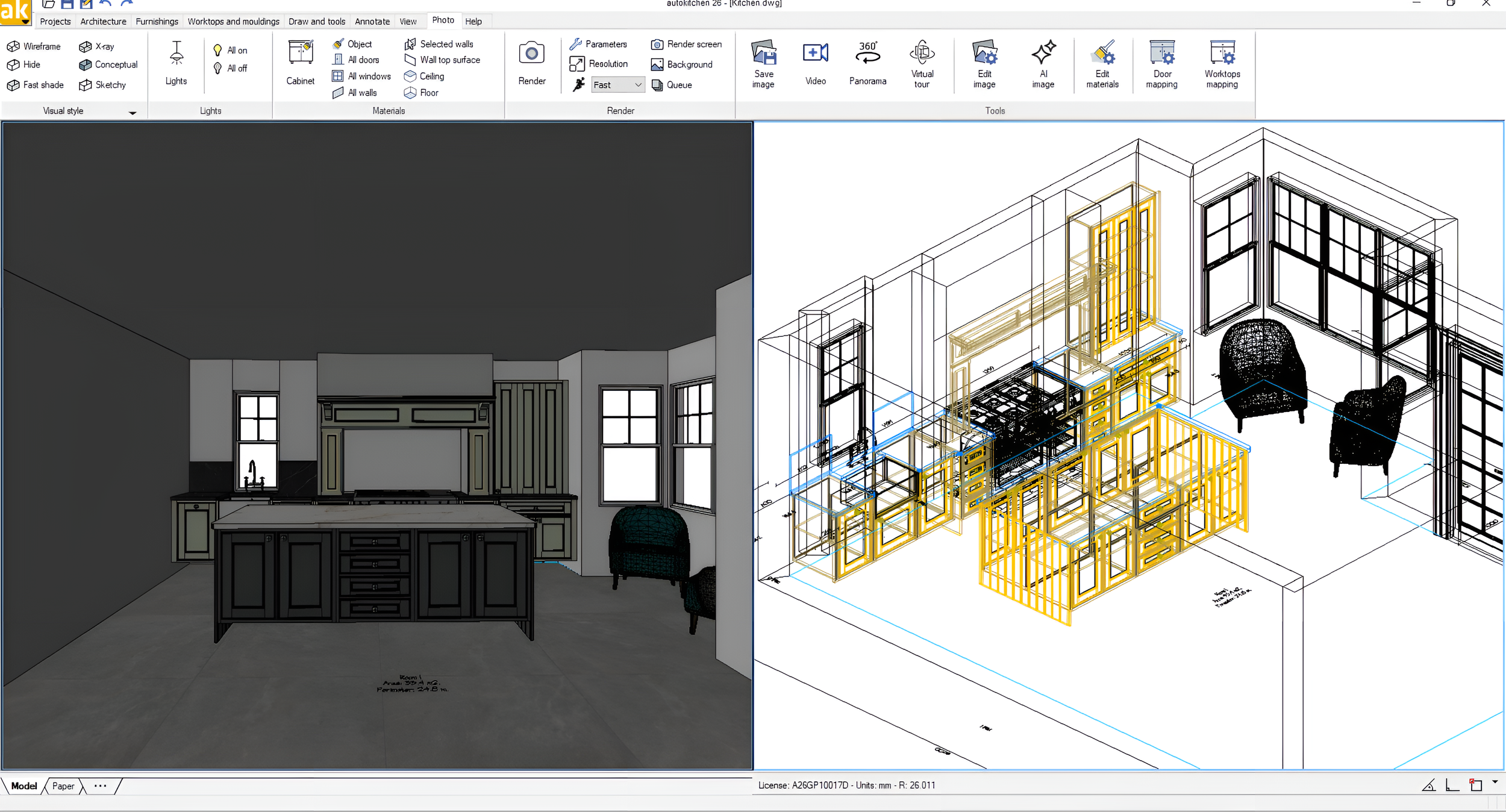 A screenshot of CAD software showing a kitchen design. The left side displays a rendered view of the kitchen interior, with cabinetry, windows, and a chair. The right side shows a wireframe model of the same kitchen, highlighting structural elements and furniture frames.