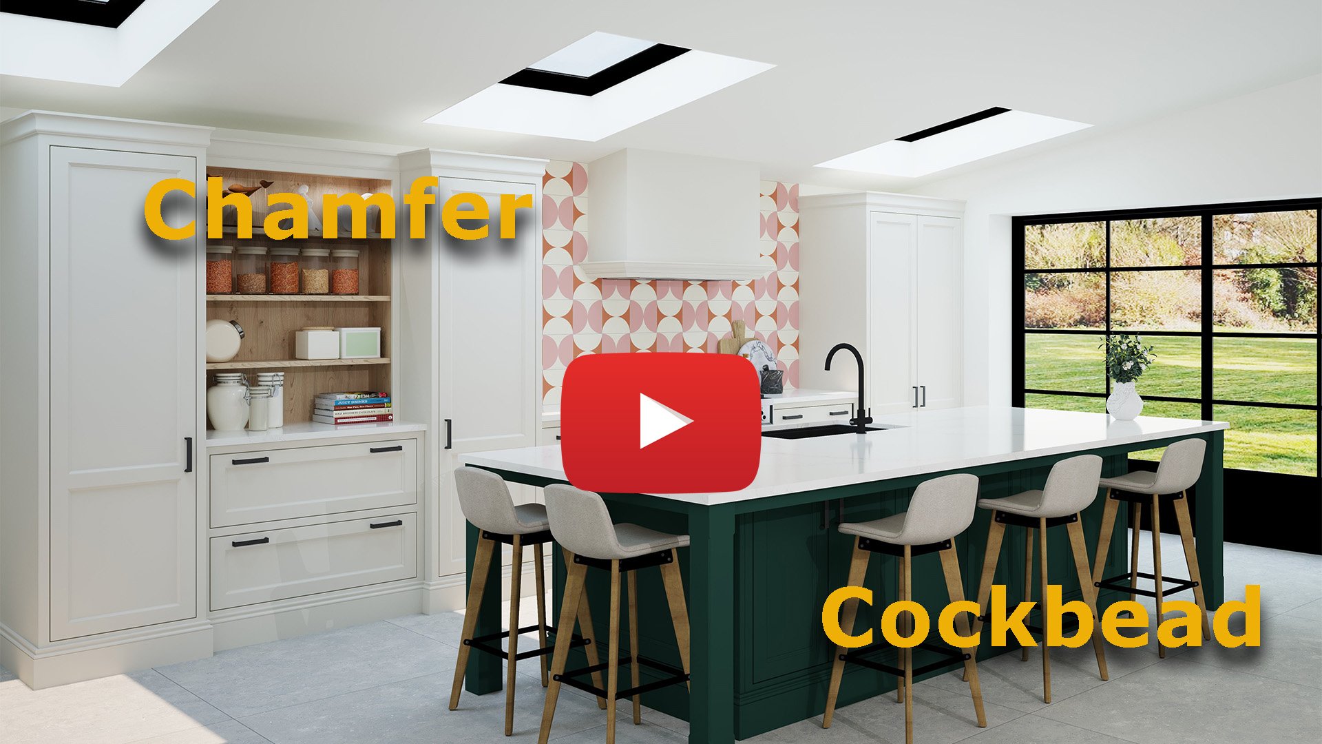 Modern kitchen with white cabinets, a large island with a dark green base and white countertop, bar stools along one side, large window overlooking a green outdoor space, patterned pink and white backsplash, and decorative jars on open shelves.