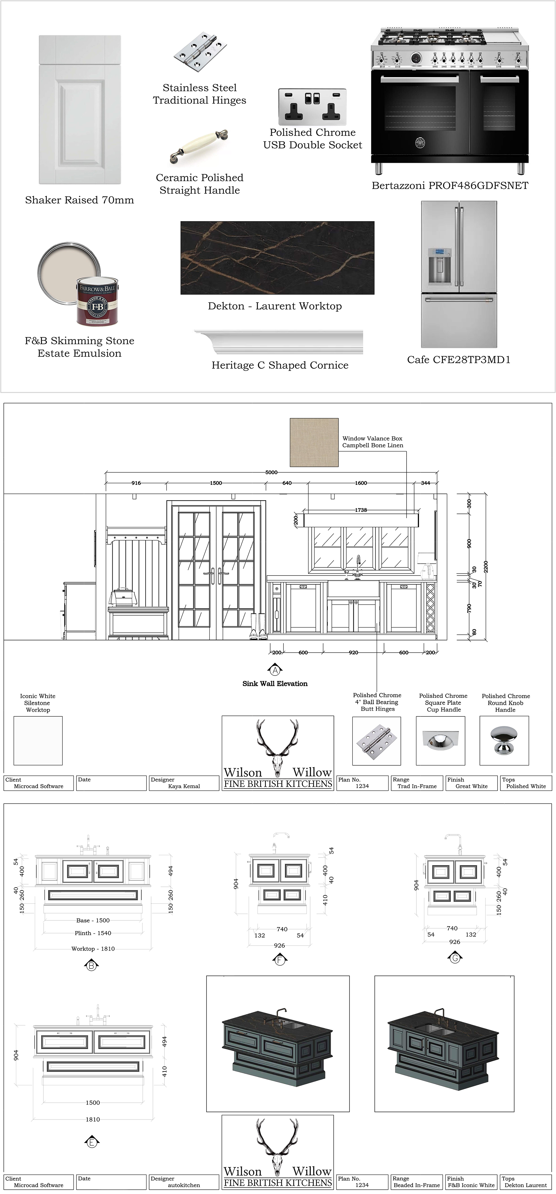 Set of kitchen design images including cabinetry, appliances, countertops, hardware, and construction details for a modern kitchen with British style elements.
