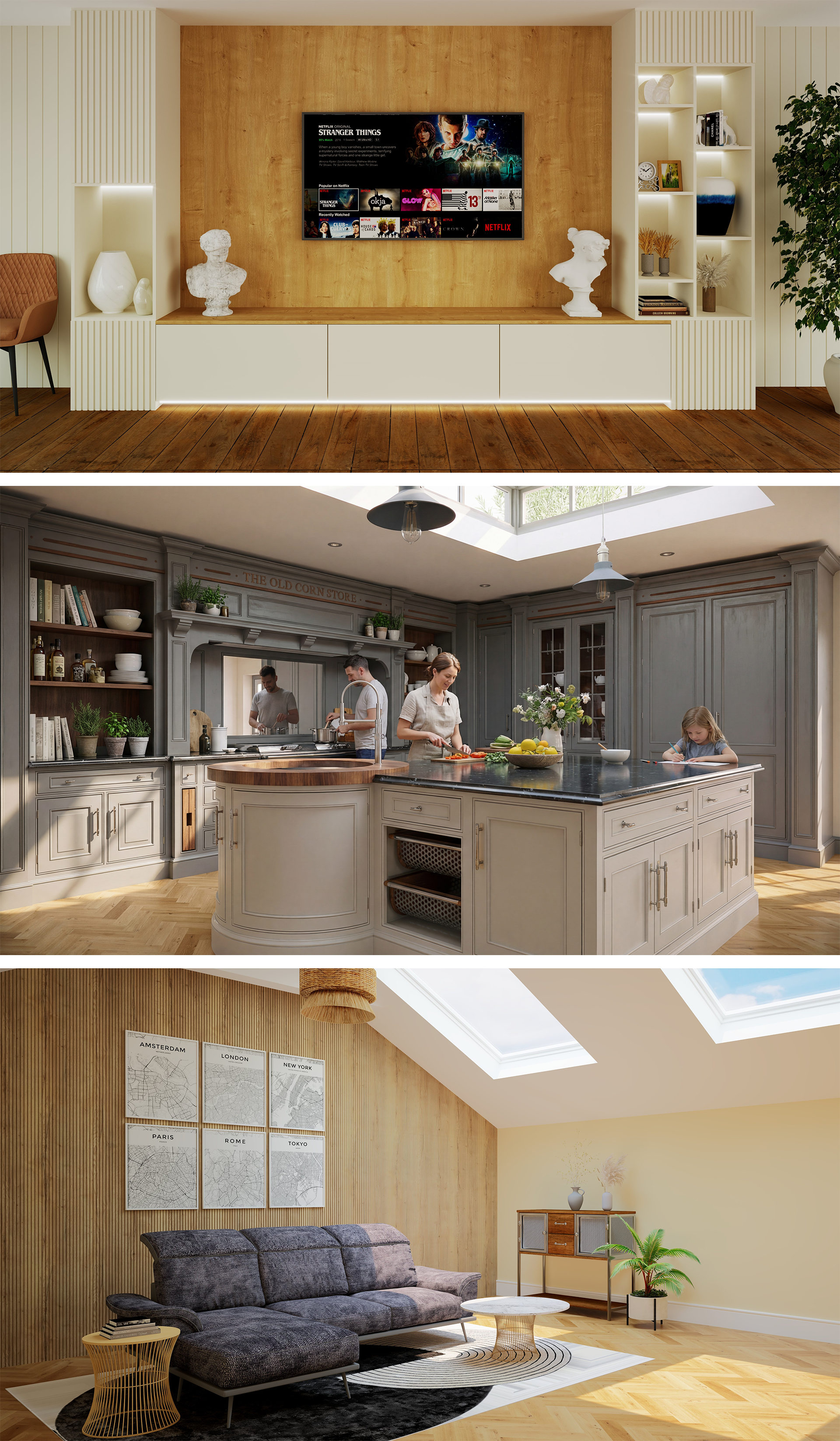 The first image is a modern entertainment room with a wall-mounted TV, white decorative busts, and shelving with art and books. The second image is a spacious kitchen with a large island, people preparing food, and a light gray cabinetry. The third image is a cozy living room with a gray sofa, a round coffee table, a wall with world maps, and a windowed ceiling allowing natural light.