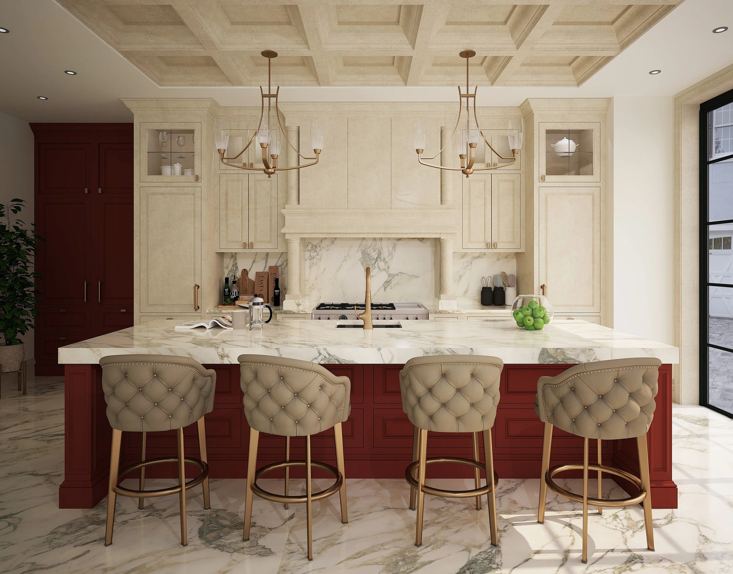 Luxurious kitchen interior with marble countertops, red island, tufted bar stools, pendant lights, and built-in cabinetry.