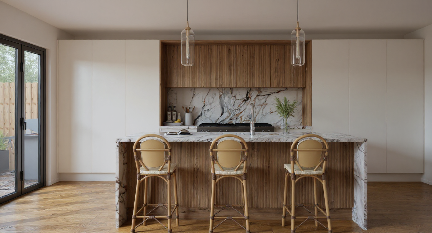 Modern kitchen with a marble island and three rattan bar stools, wooden cabinetry, a sliding glass door, and pendant lights.