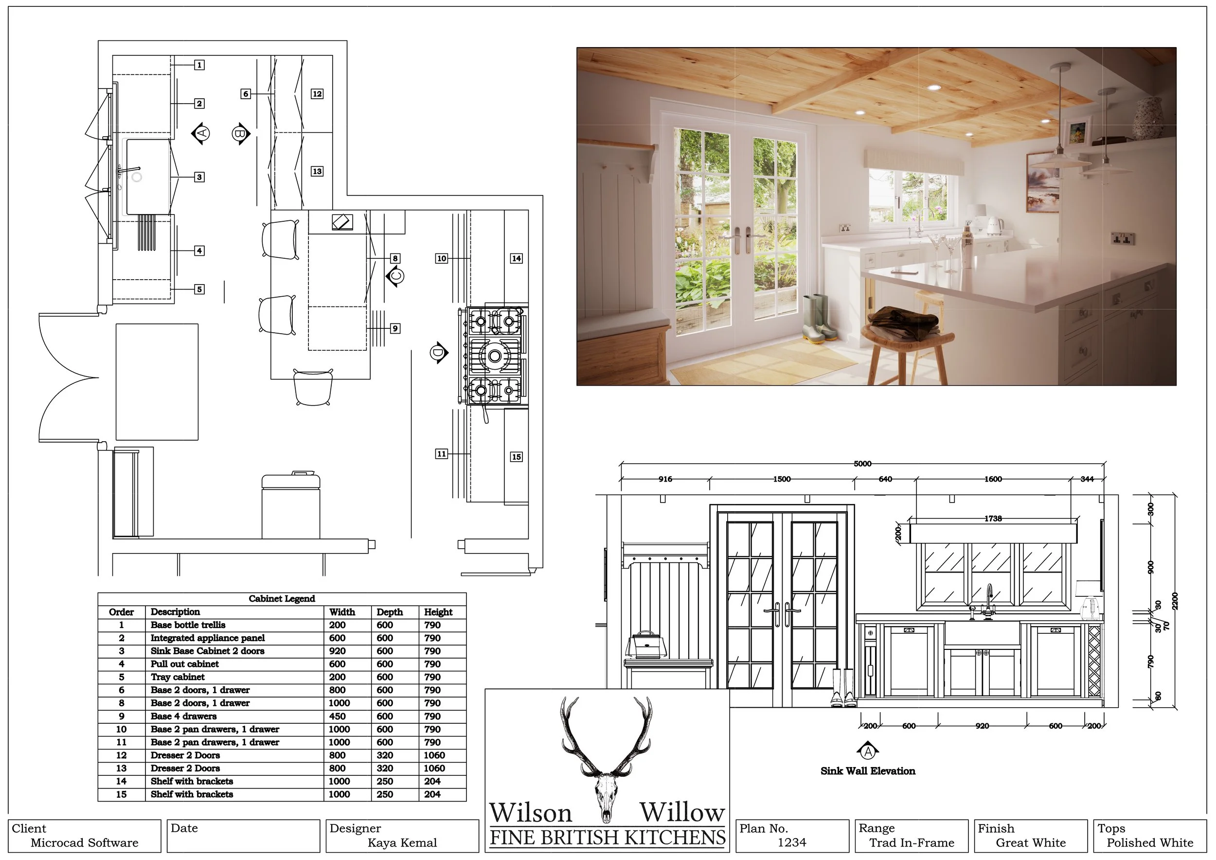 A presentation view of autokitchen with a plan view, elevation view with dimensions a legend and a render, finished off with a titleblock that reads Wilson Willow Fine British Kitchens.