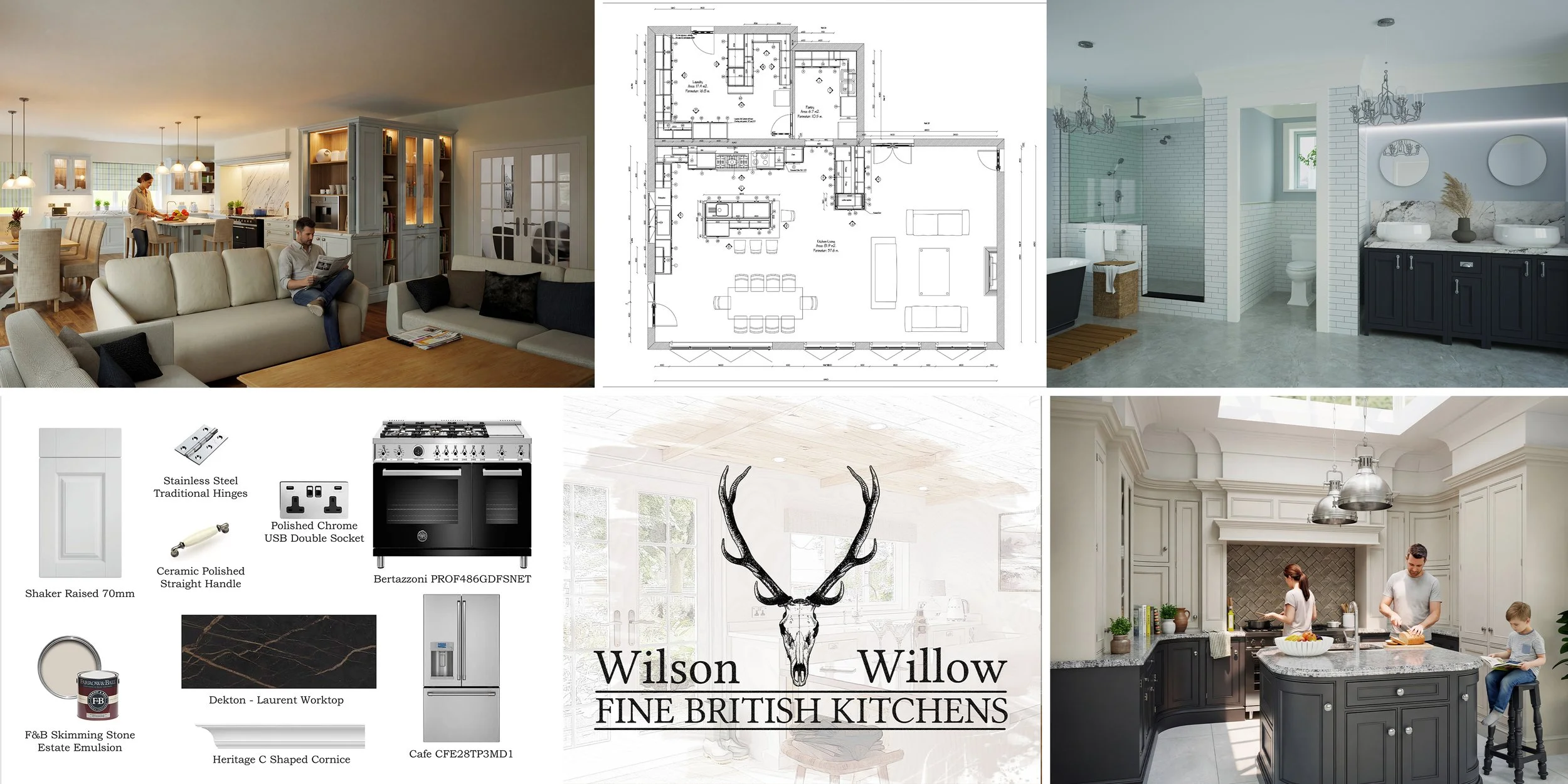 Image containing render at the top left, plan view on the right, list of appliances on the bottom left and logo on the bottom right. 