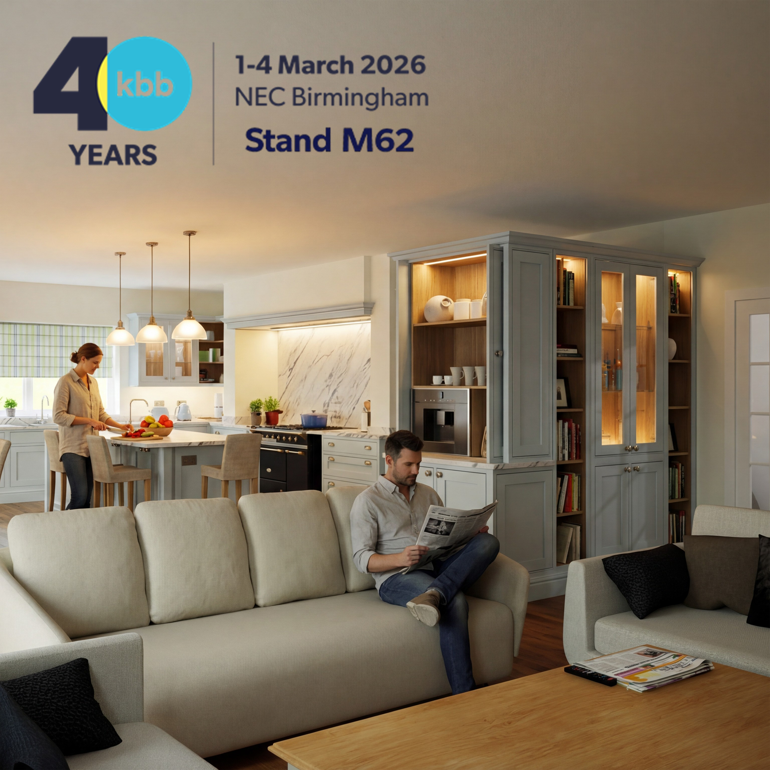 Kithcen with a living room displaying a bespoke cabinet with inside lighting, and a man and women inside the house. 