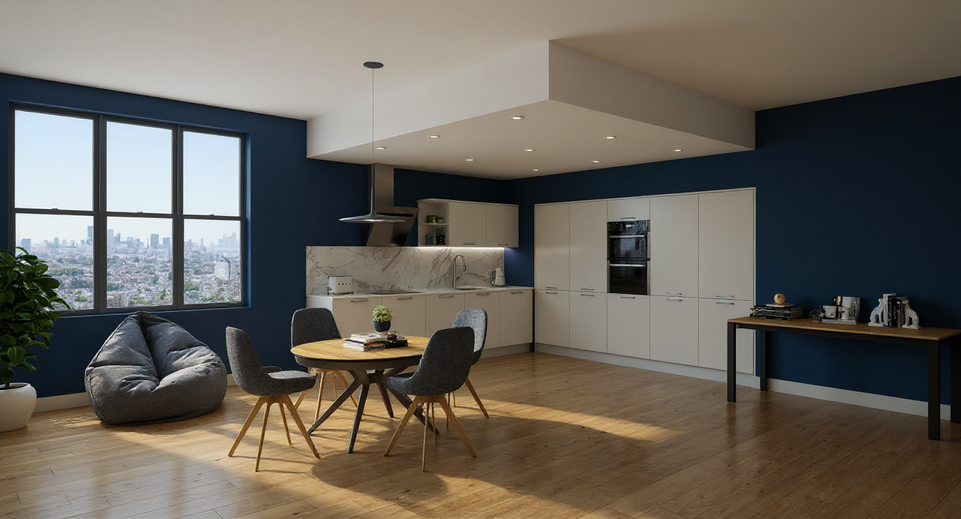 Modern apartment interior with blue accent wall, large window showing city skyline, kitchen with white cabinets and marble backsplash, dining table with four chairs, bean bag chair near window, wooden floor, and a small black table with items.