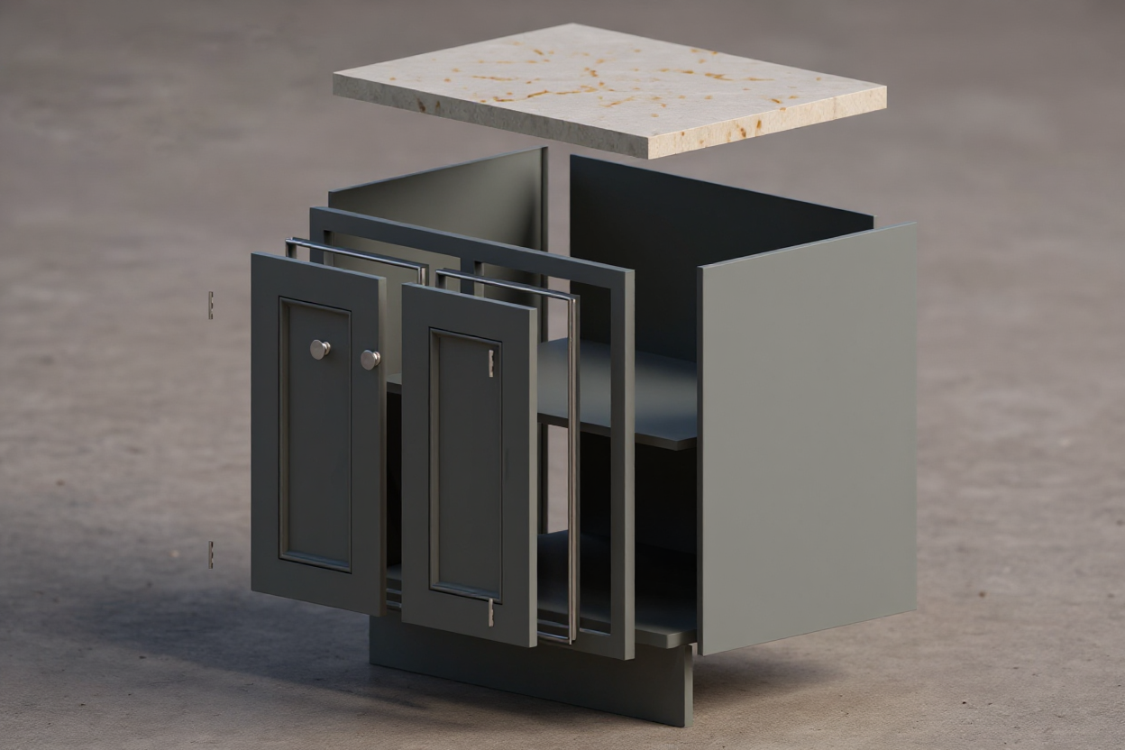 Disassembled kitchen cabinet with open doors and a marble countertop above.