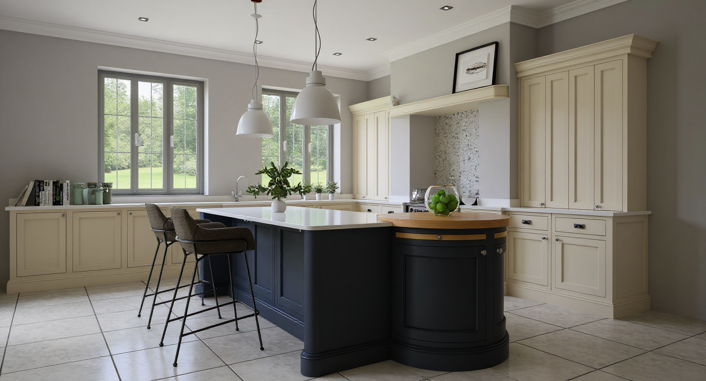 Modern kitchen with light beige cabinets, a dark blue island with a white countertop, and two large windows adding natural light. There are three bar stools at the island, and a bowl of green apples on the counter. The kitchen has tiled flooring and is decorated with a picture frame on top of the cabinets.