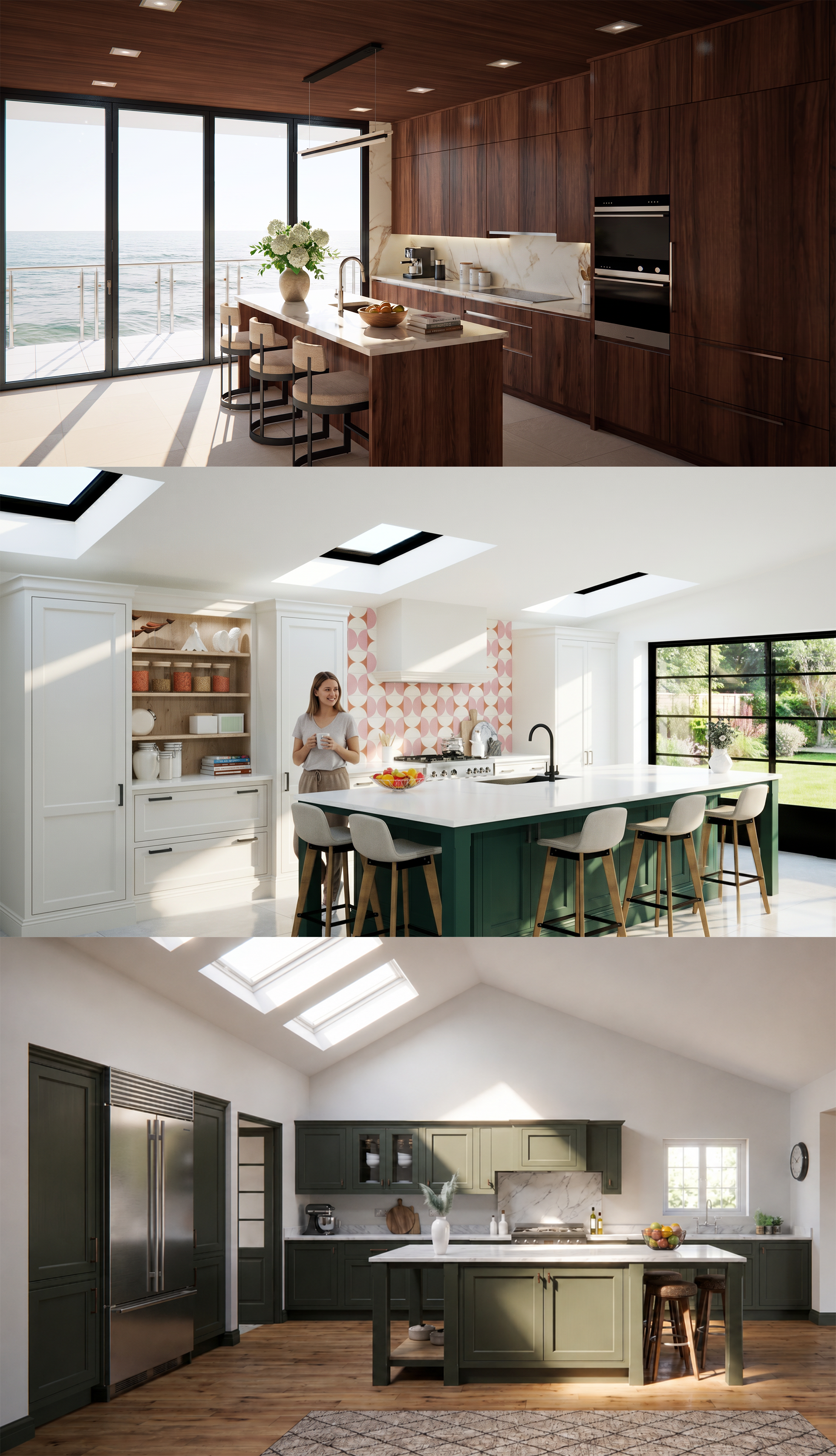 Three modern kitchens, each showcasing different design styles and features.