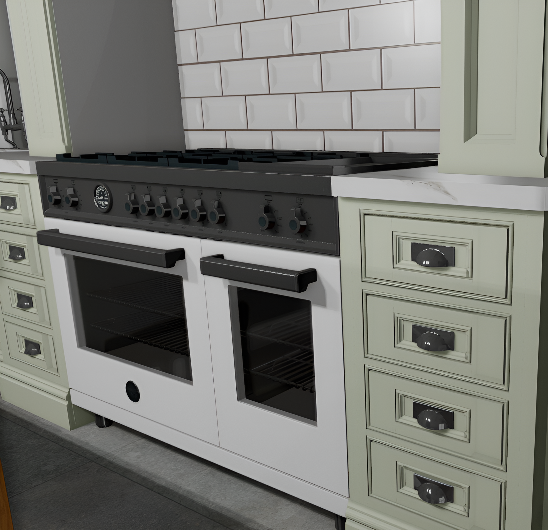 A vintage style kitchen stove with a white oven and black control knobs, surrounded by beige cabinetry with drawers, set against a wall with white subway tile backsplash.
