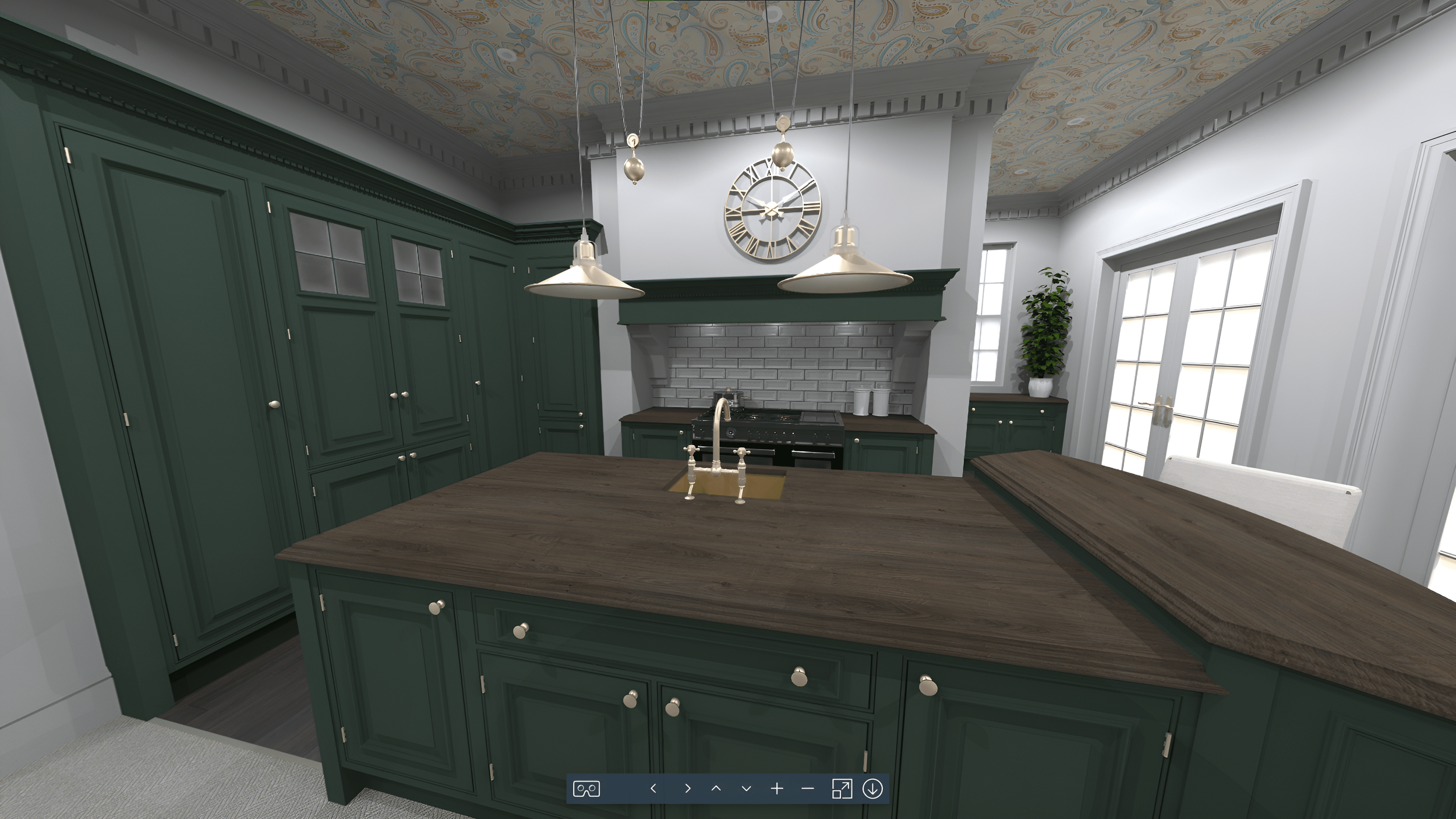 A modern kitchen with dark green cabinets, a large wooden kitchen island, and a white brick backsplash under a white range hood. There is a large clock on the wall, two white pendant lights hanging over the island, and natural light coming through double glass doors and windows. A potted plant is on a small cabinet near the windows.