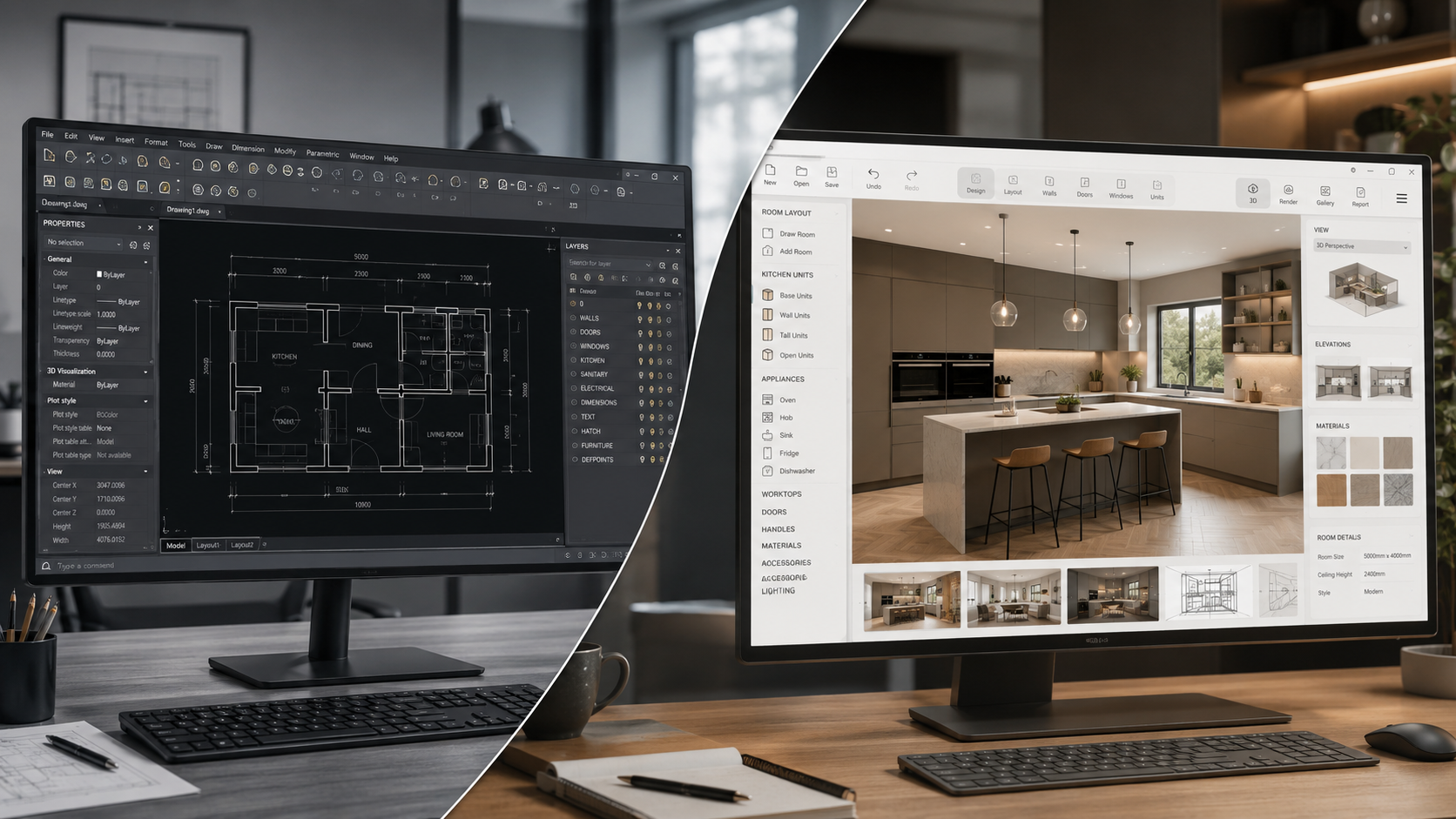 Split-screen image showing a CAD software interface on a computer monitor on the left and a 3D interior design software on a monitor on the right, both displays with architectural and design plans.