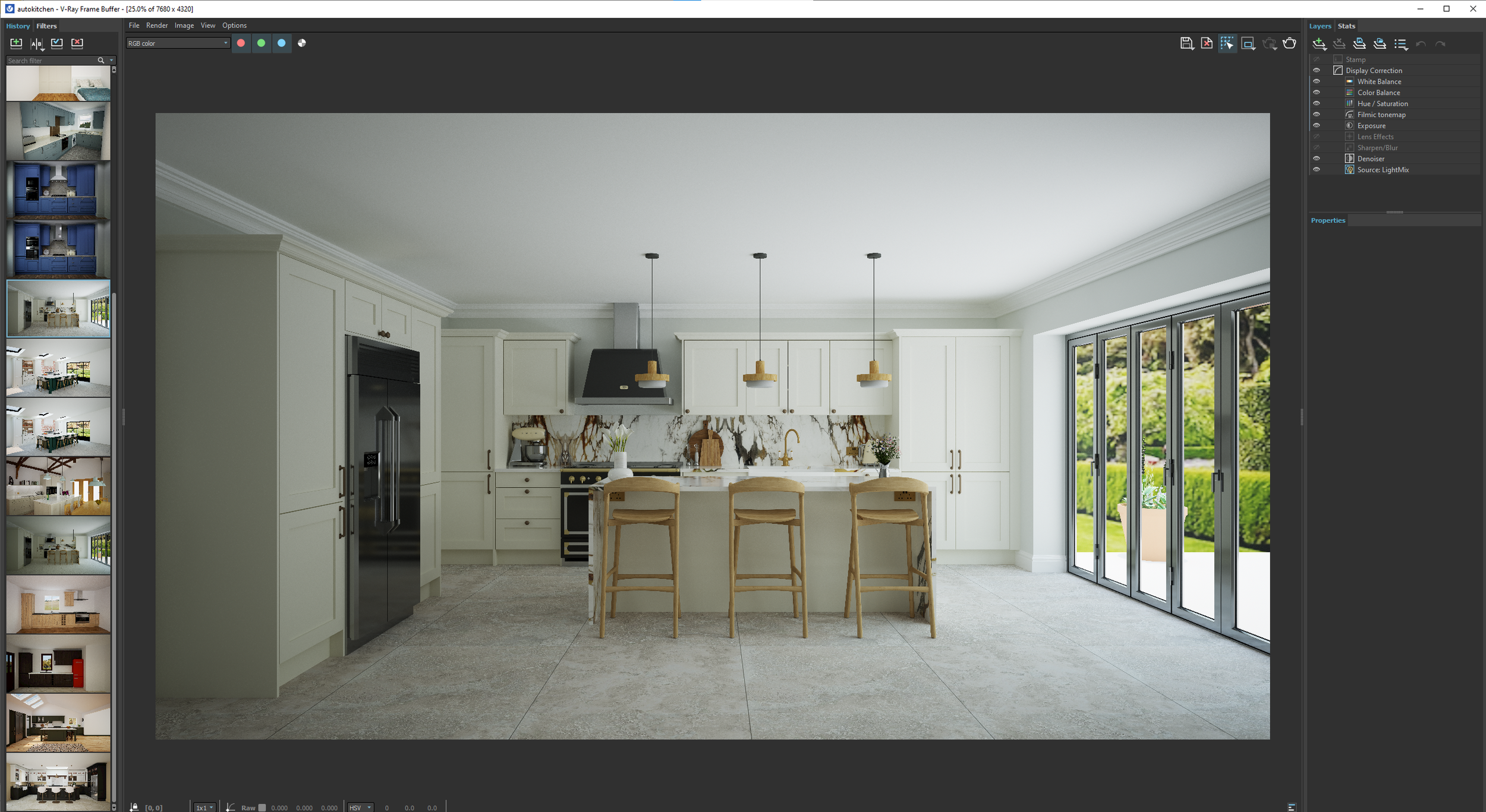 Bright modern kitchen with white cabinetry, a marble backsplash, a large sliding glass door, a central island with four wooden bar stools, and black appliances, overlooking a green outdoor area.