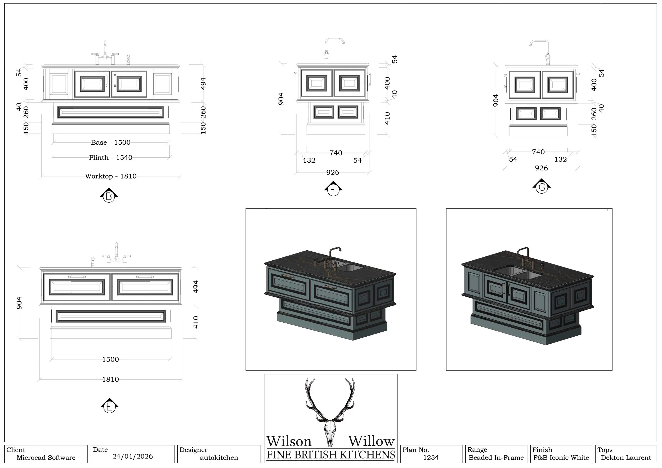 Technical drawings and 3D renderings of a kitchen island with a black marble countertop and painted cabinets, including measurements and design details. Done in Autokitchen, a CAD kitchen, bedroom, bathroom and wardrobe software.