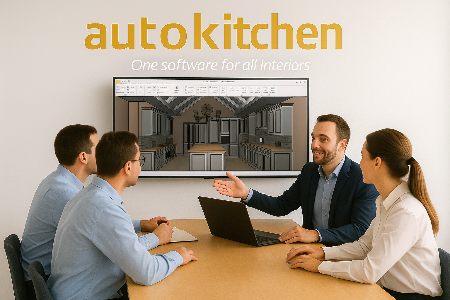 A business meeting with four people in a conference room, two women and two men, discussing interior design displayed on a large screen. The screen shows a 3D rendering of a kitchen, and a man in a suit is explaining.