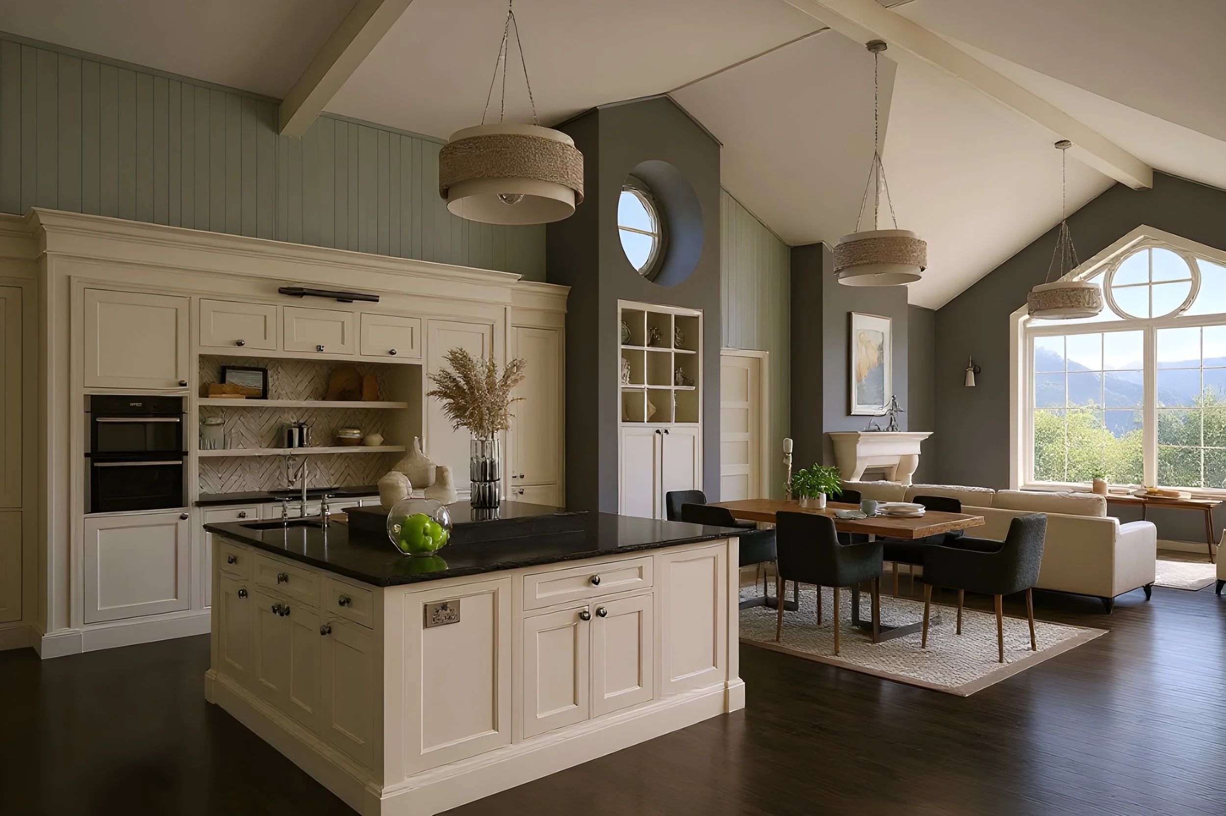 AI render created in autokitchen showing a traditional shaker kitchen with a marble worktop and creme cabinets, with an island. The ceiling has multiple angles and slopes and the dining room has a wooden table with 6 chairs all on a carpet.